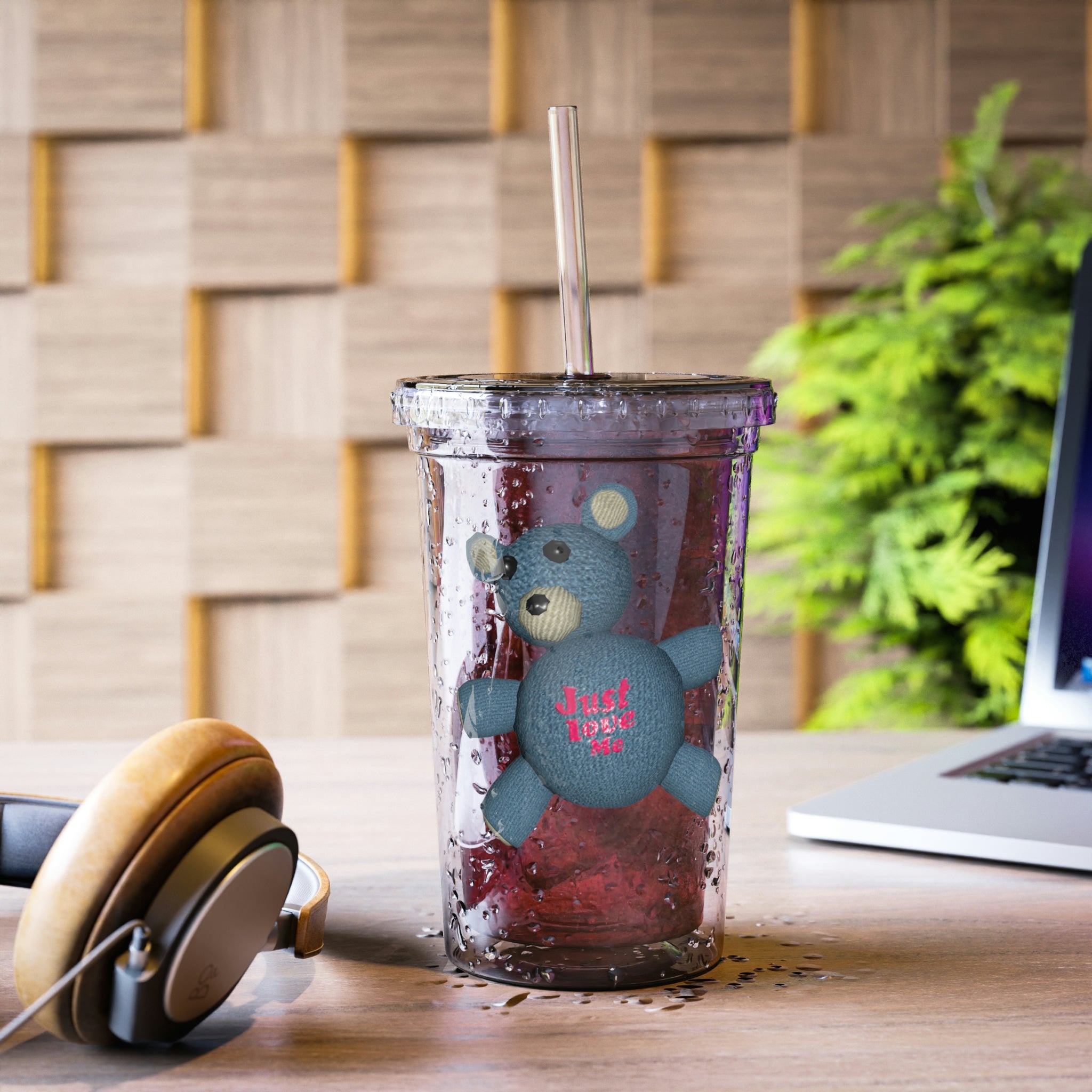 Bear Object Suave Acrylic Cup in stainless steel with a black screw-on cap and plastic straw, showcasing a sleek design.