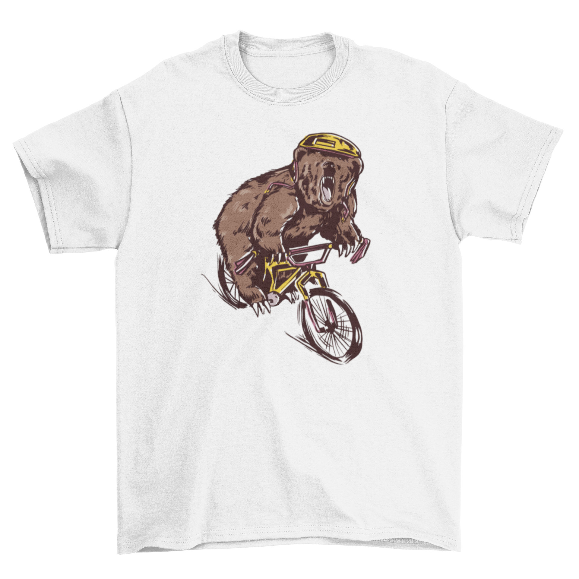 A stylish t-shirt featuring a bear riding a BMX bike, showcasing a unique and fun design.