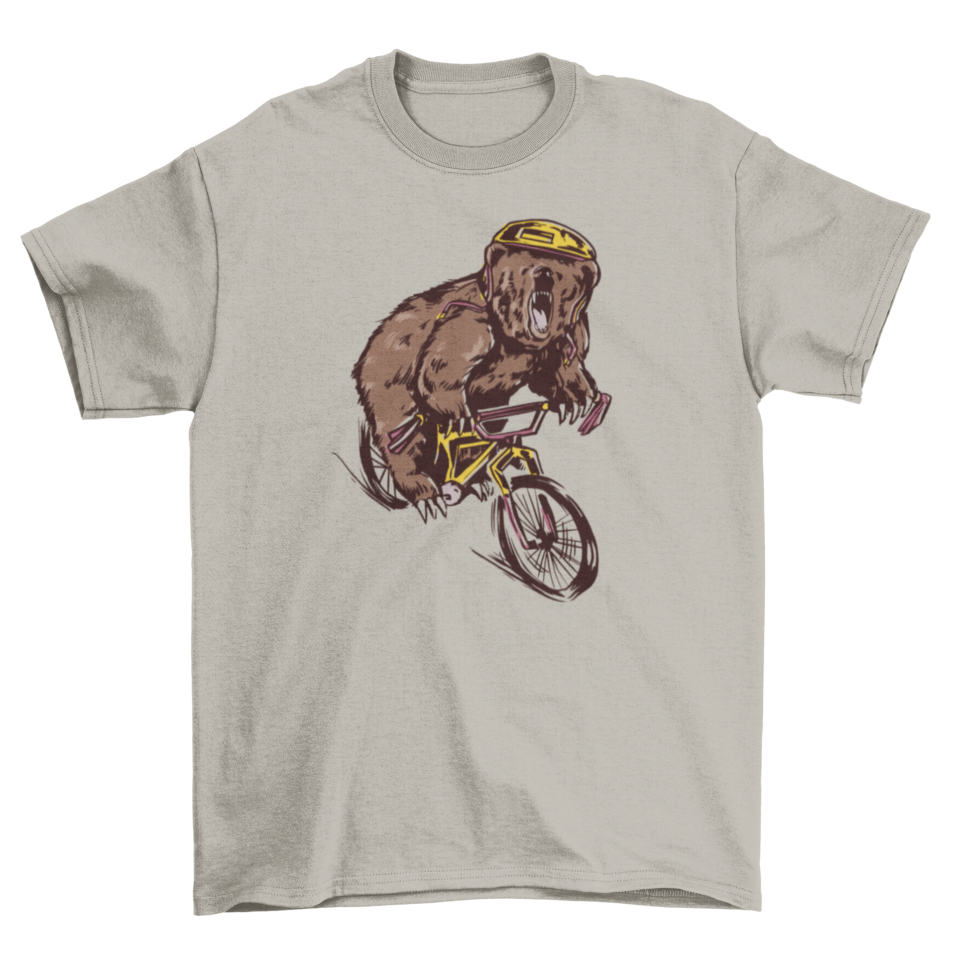 A stylish t-shirt featuring a bear riding a BMX bike, showcasing a unique and fun design.