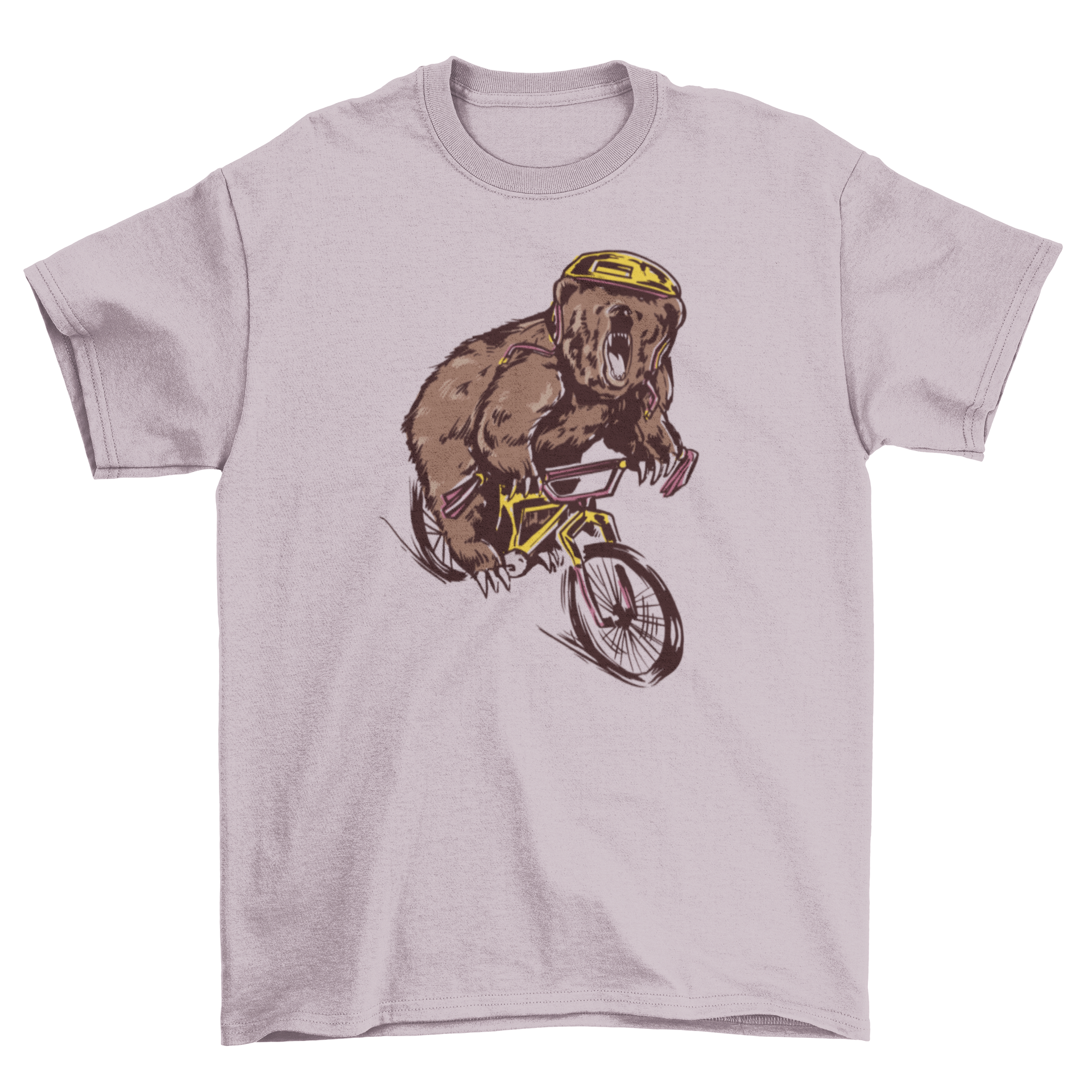 A stylish t-shirt featuring a bear riding a BMX bike, showcasing a unique and fun design.