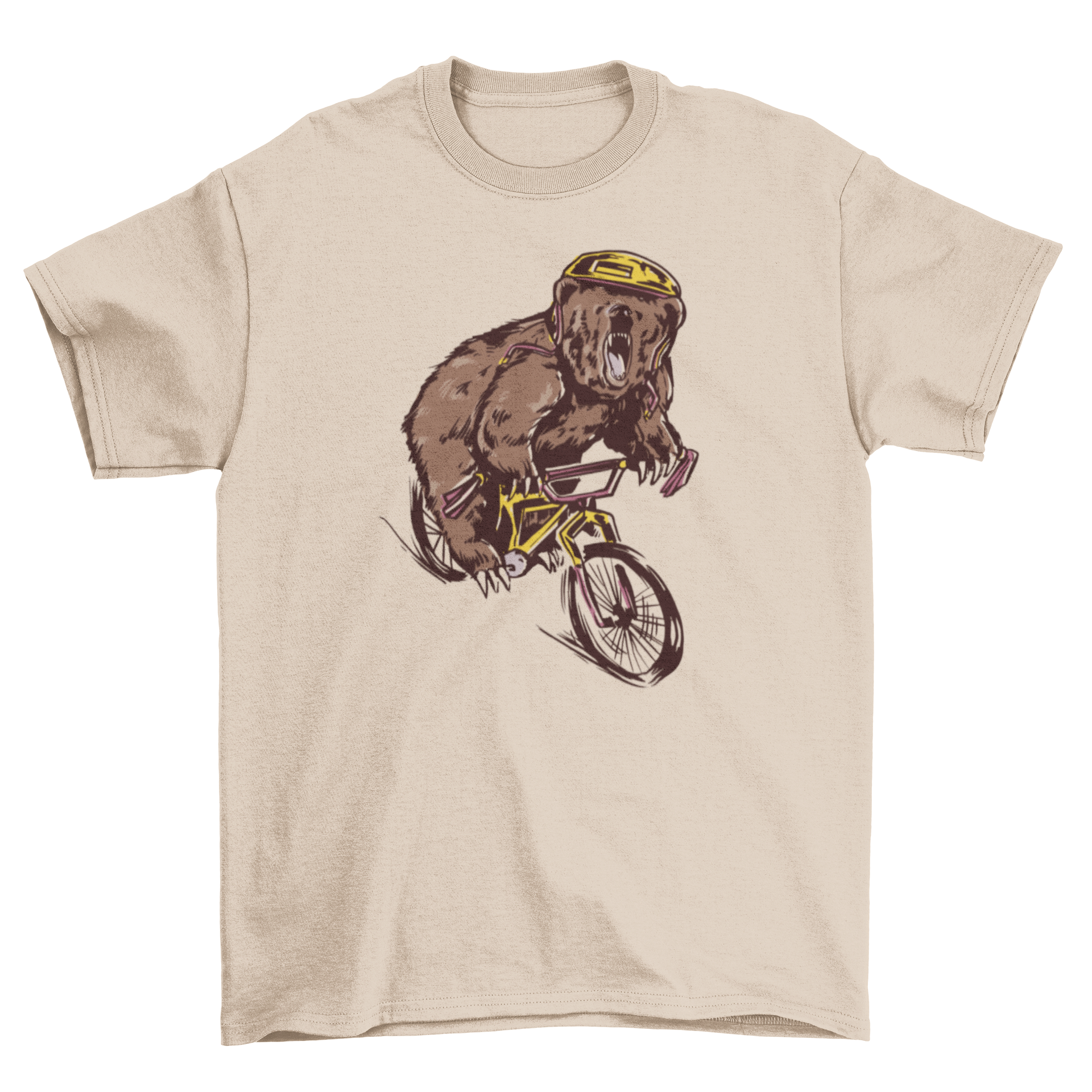 A stylish t-shirt featuring a bear riding a BMX bike, showcasing a unique and fun design.