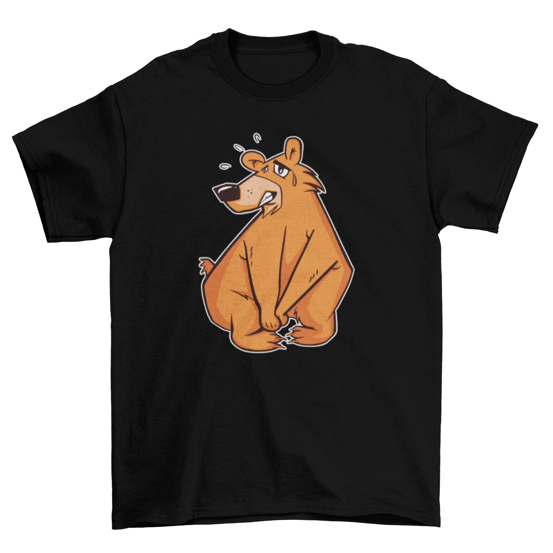 A humorous t-shirt featuring a bear illustration holding its pee, perfect for casual wear.