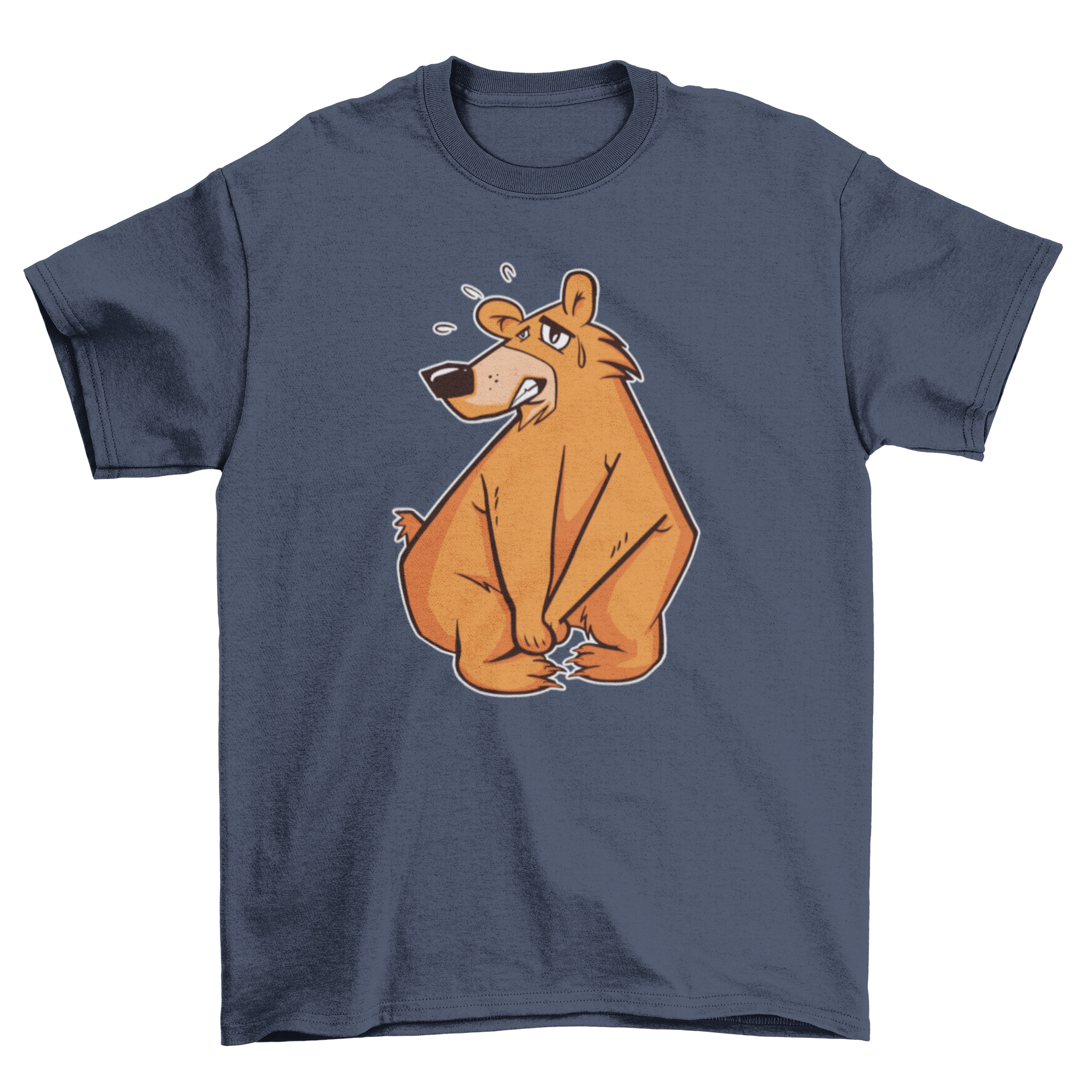 A humorous t-shirt featuring a bear illustration holding its pee, perfect for casual wear.