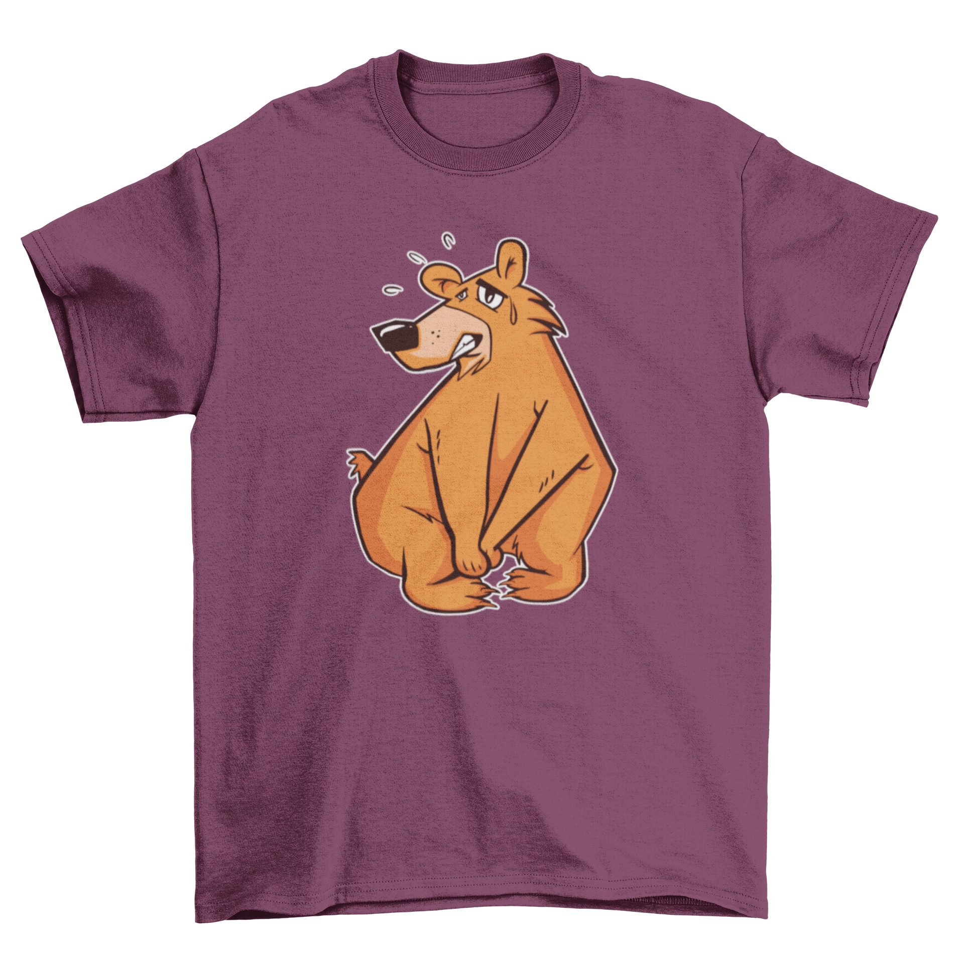 A humorous t-shirt featuring a bear illustration holding its pee, perfect for casual wear.