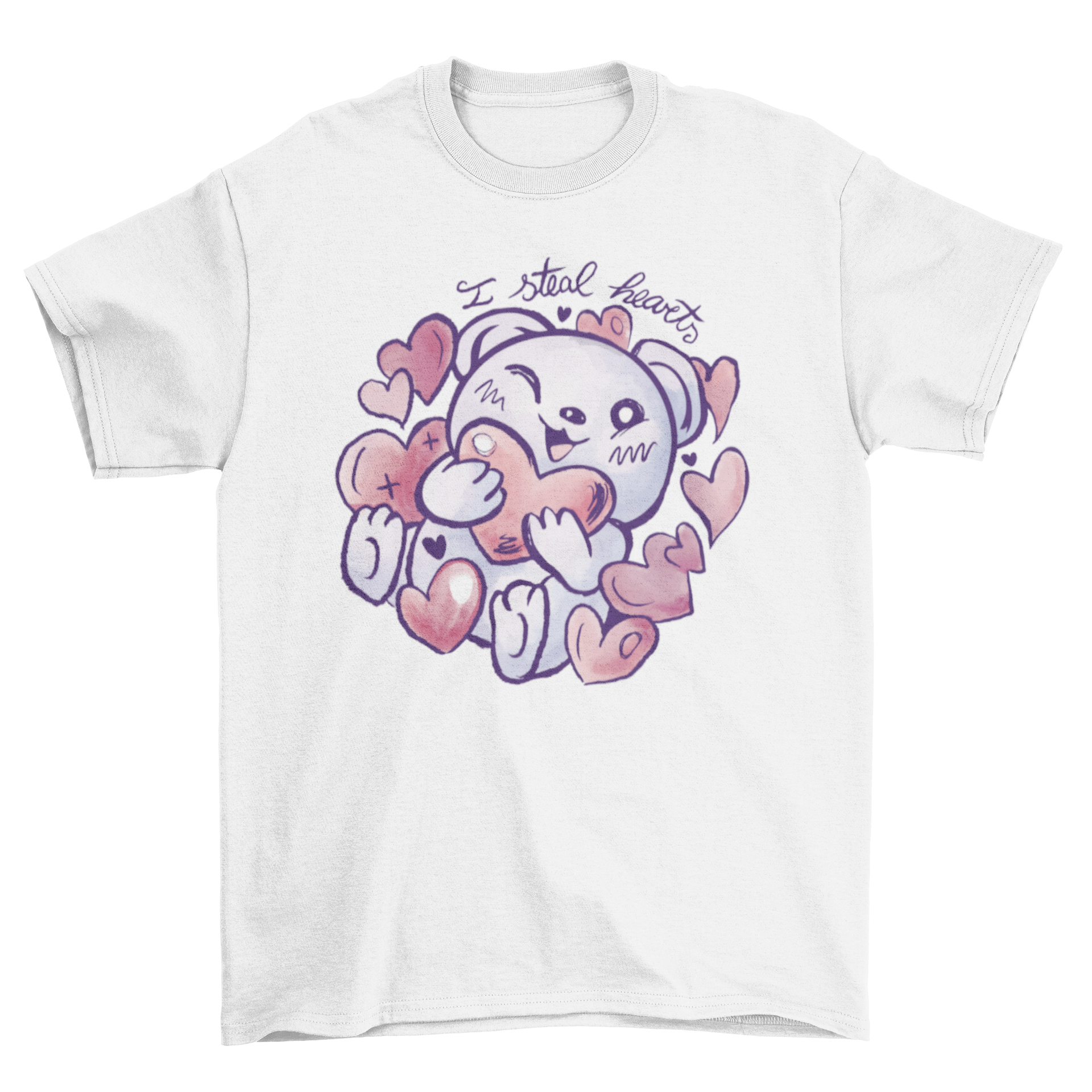 A cute t-shirt featuring a bear hugging colorful hearts with the quote 'I steal hearts' for Valentine's Day.