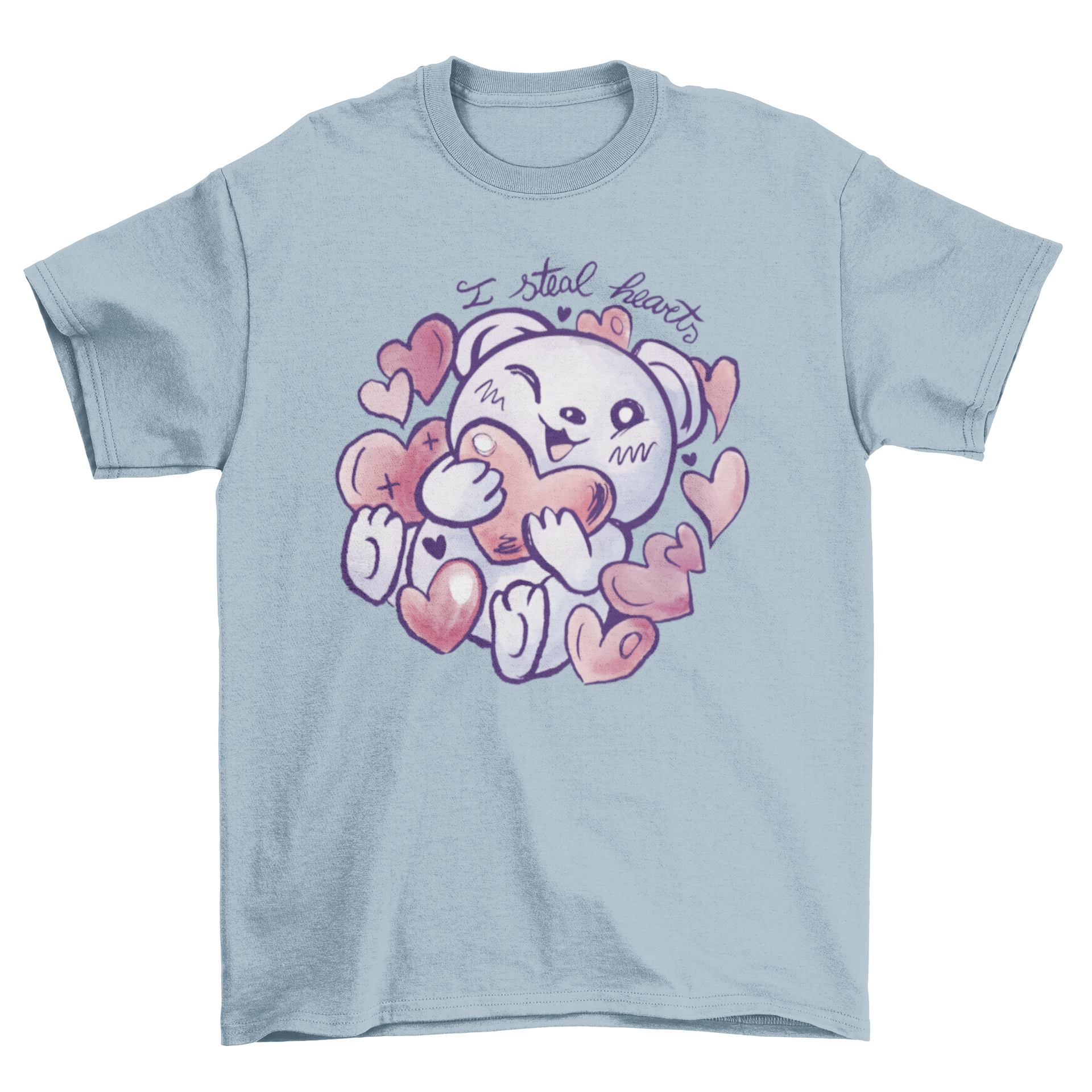 A cute t-shirt featuring a bear hugging colorful hearts with the quote 'I steal hearts' for Valentine's Day.