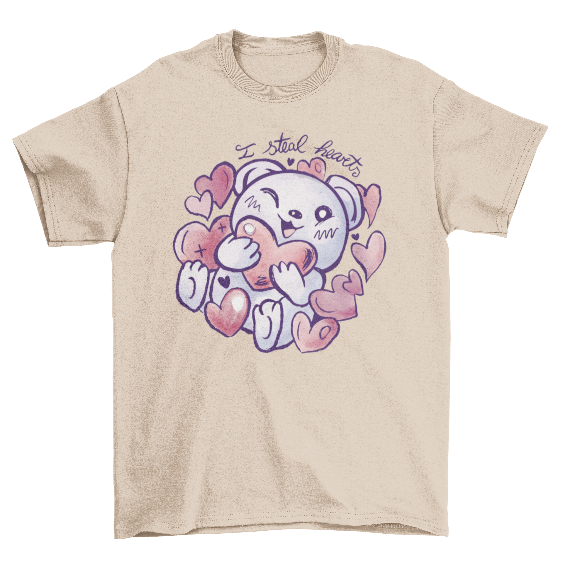 A cute t-shirt featuring a bear hugging colorful hearts with the quote 'I steal hearts' for Valentine's Day.