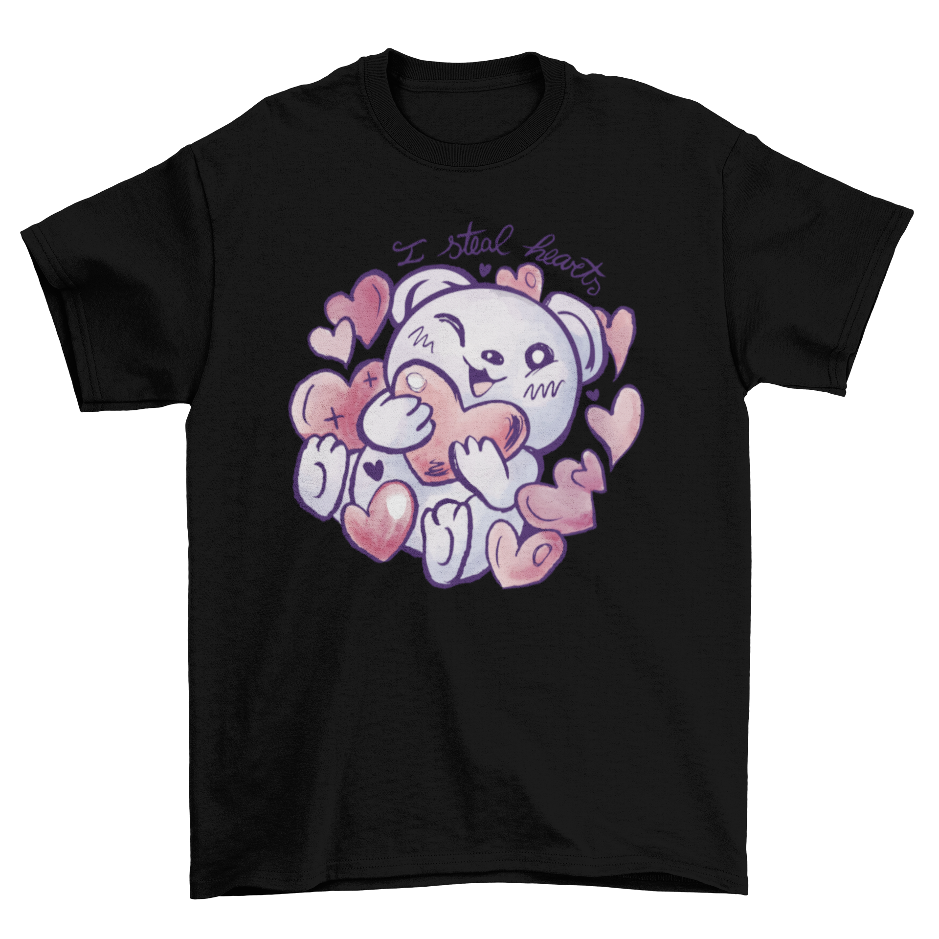 A cute t-shirt featuring a bear hugging colorful hearts with the quote 'I steal hearts' for Valentine's Day.