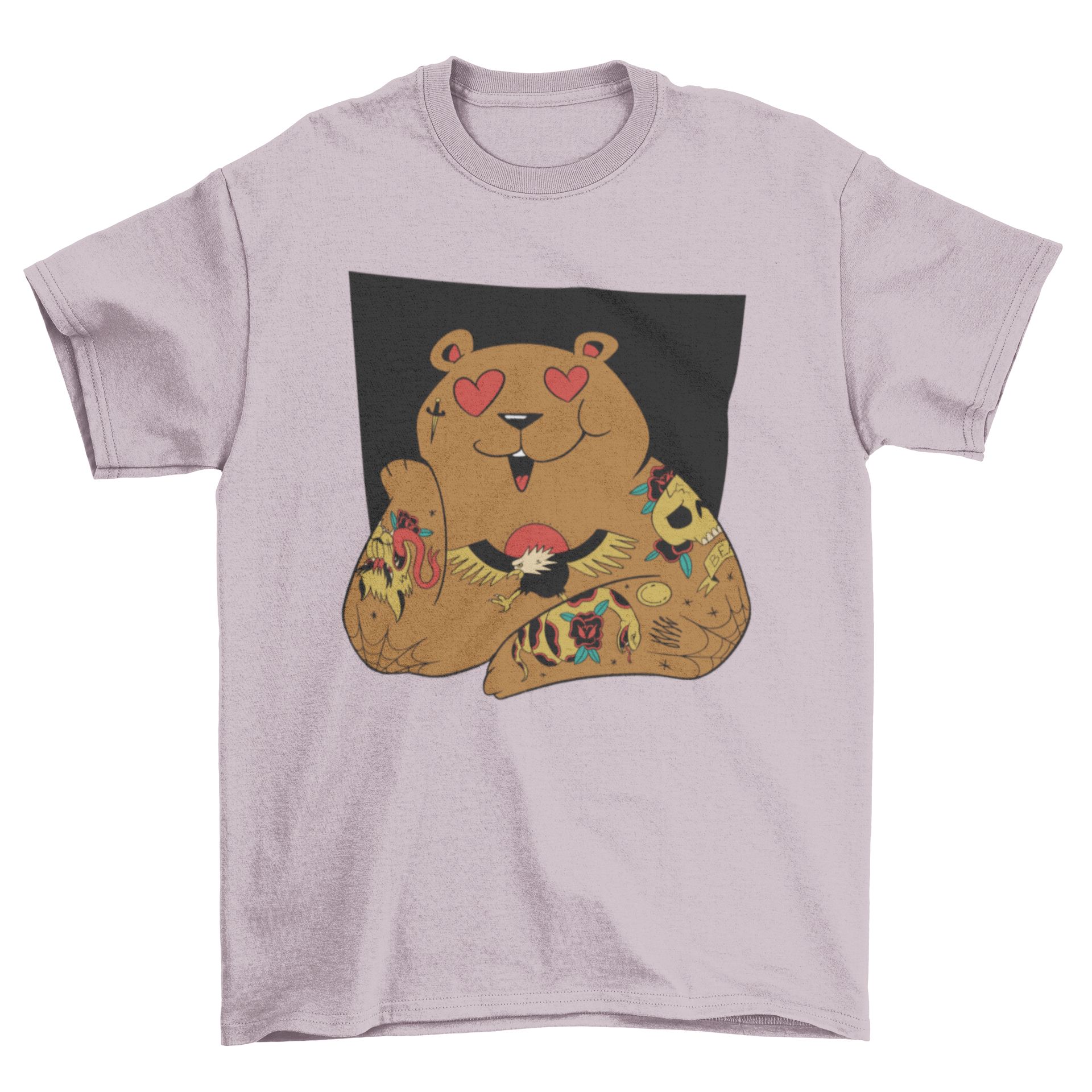 A stylish t-shirt featuring a bear with tattoos and hearts in its eyes, showcasing a unique and playful design.