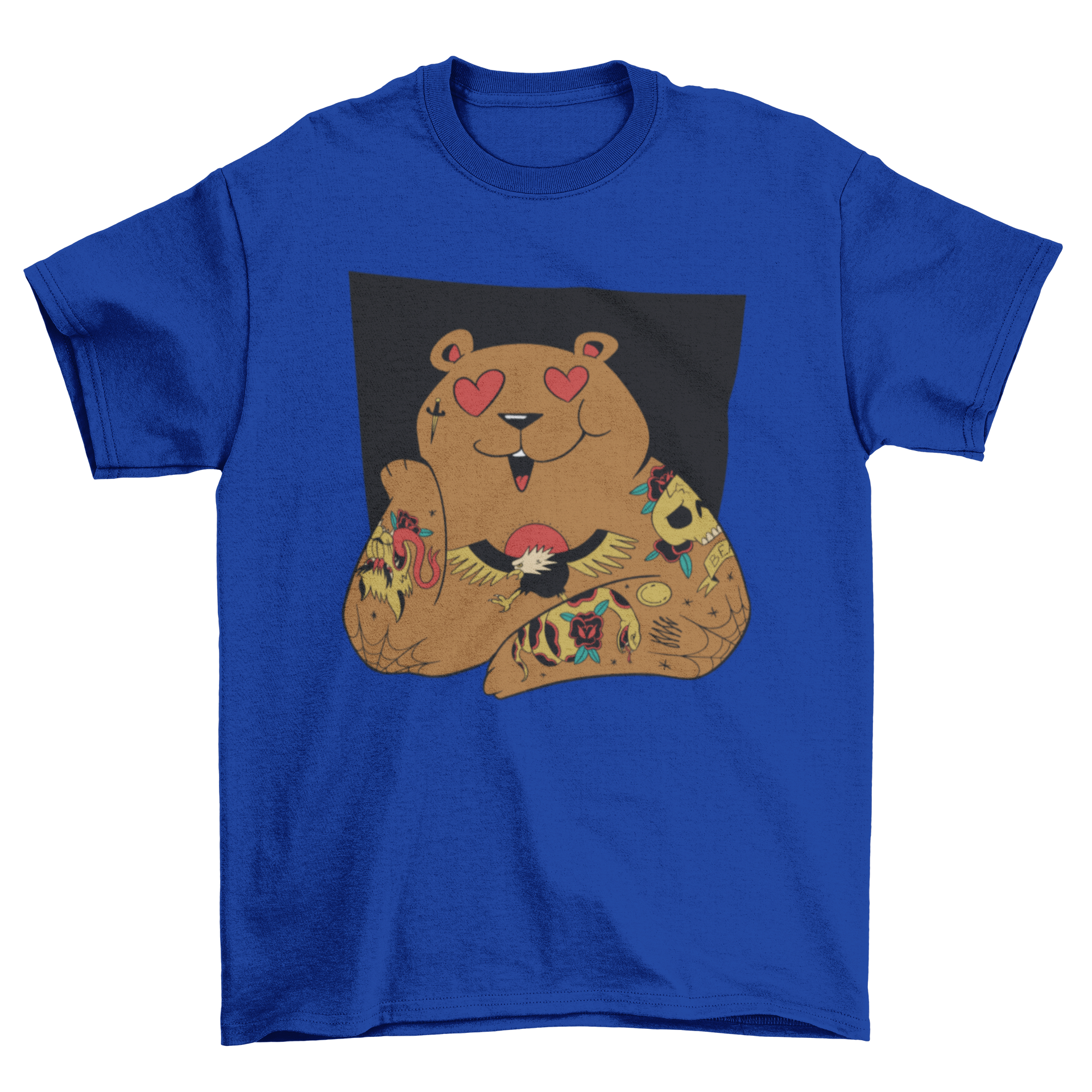 A stylish t-shirt featuring a bear with tattoos and hearts in its eyes, showcasing a unique and playful design.