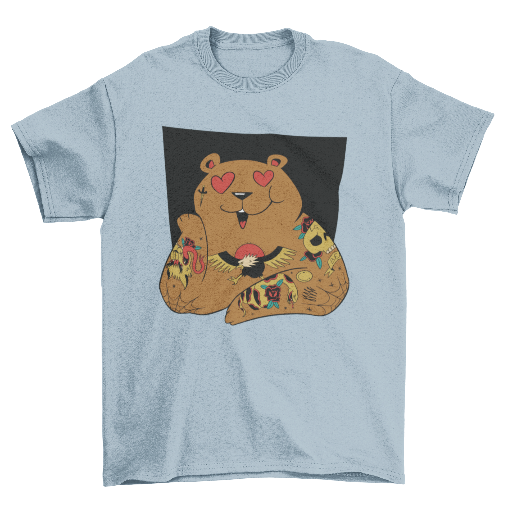 A stylish t-shirt featuring a bear with tattoos and hearts in its eyes, showcasing a unique and playful design.