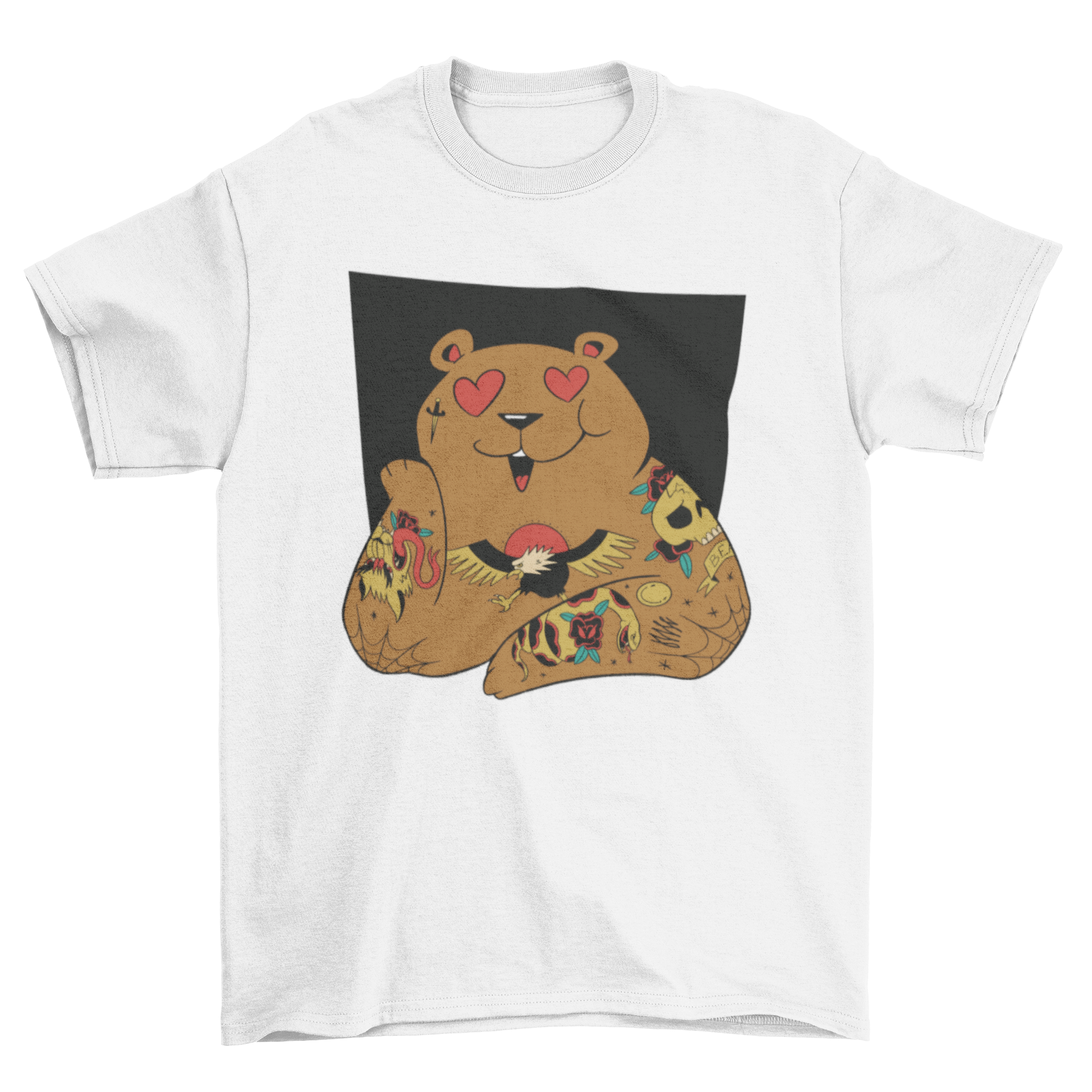 A stylish t-shirt featuring a bear with tattoos and hearts in its eyes, showcasing a unique and playful design.