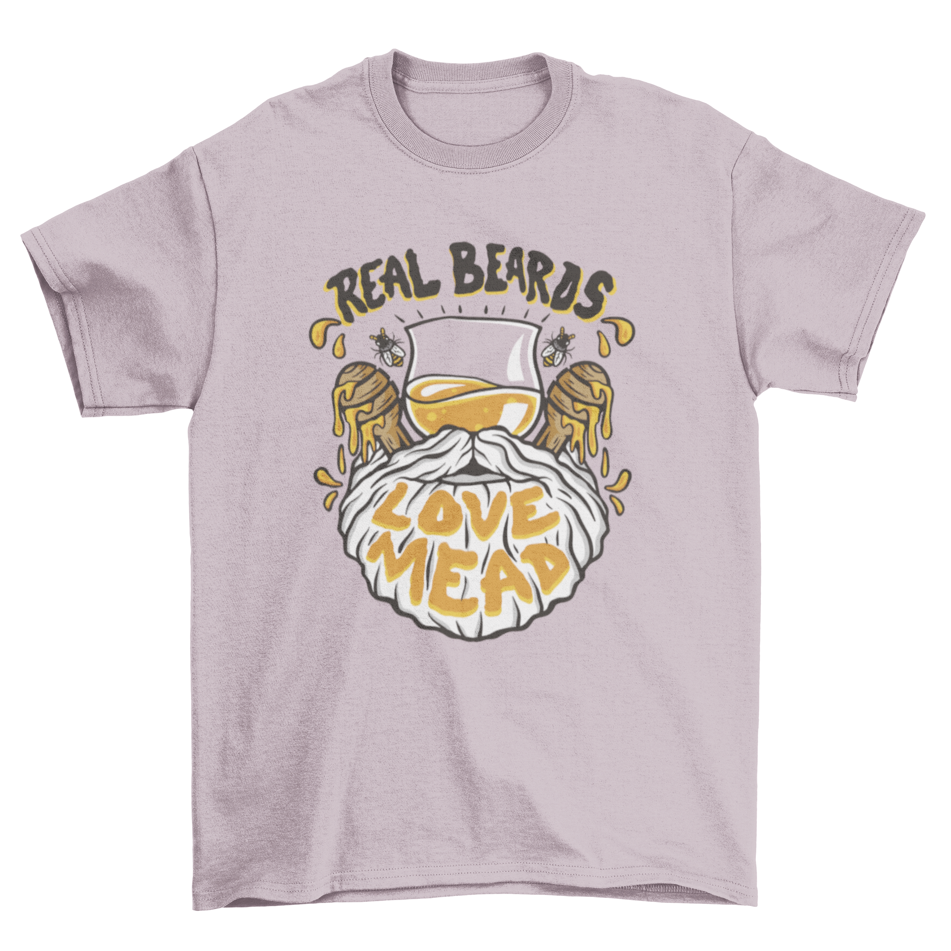 A stylish t-shirt featuring a beard and a glass of beer with the quote 'Real beards love mead'.