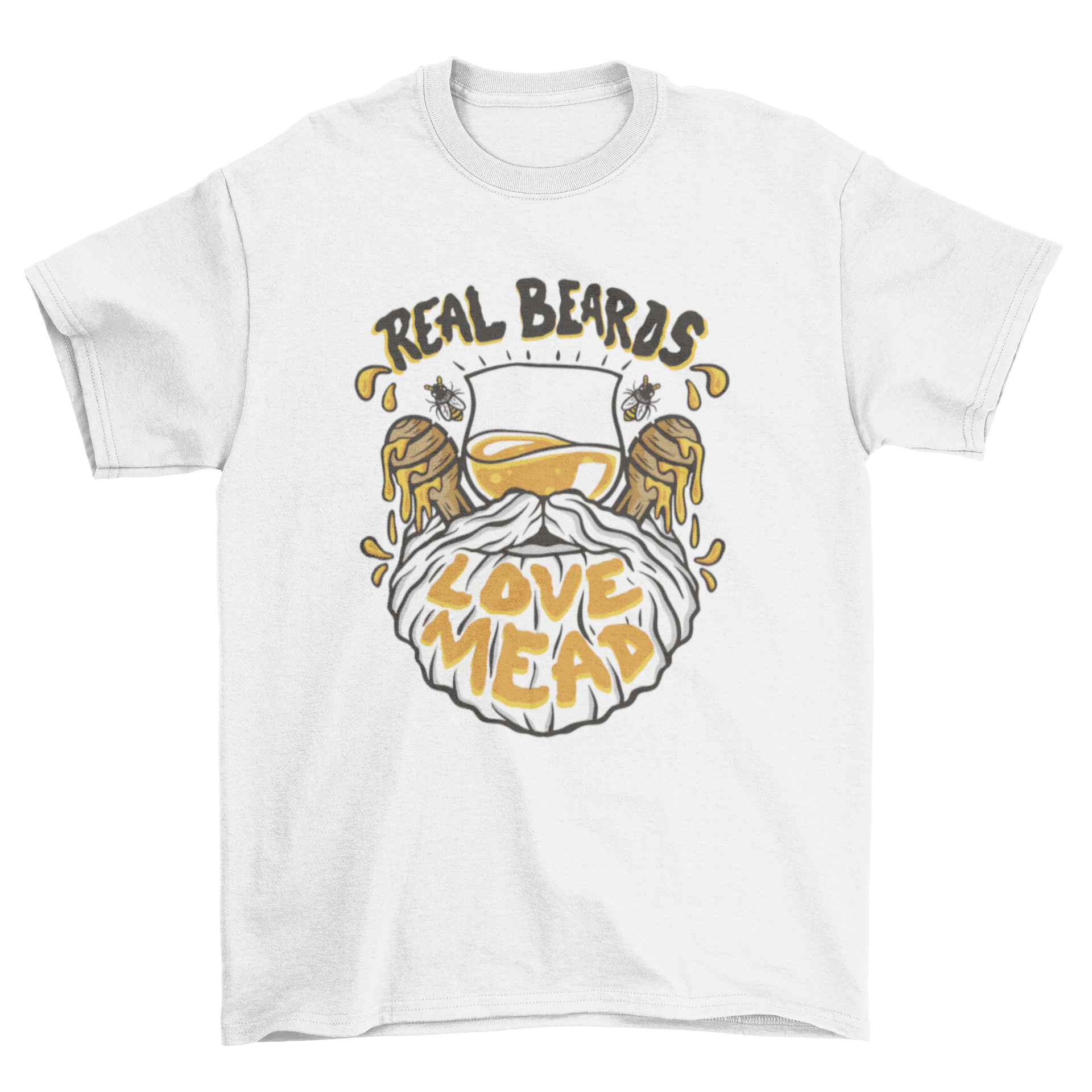 A stylish t-shirt featuring a beard and a glass of beer with the quote 'Real beards love mead'.