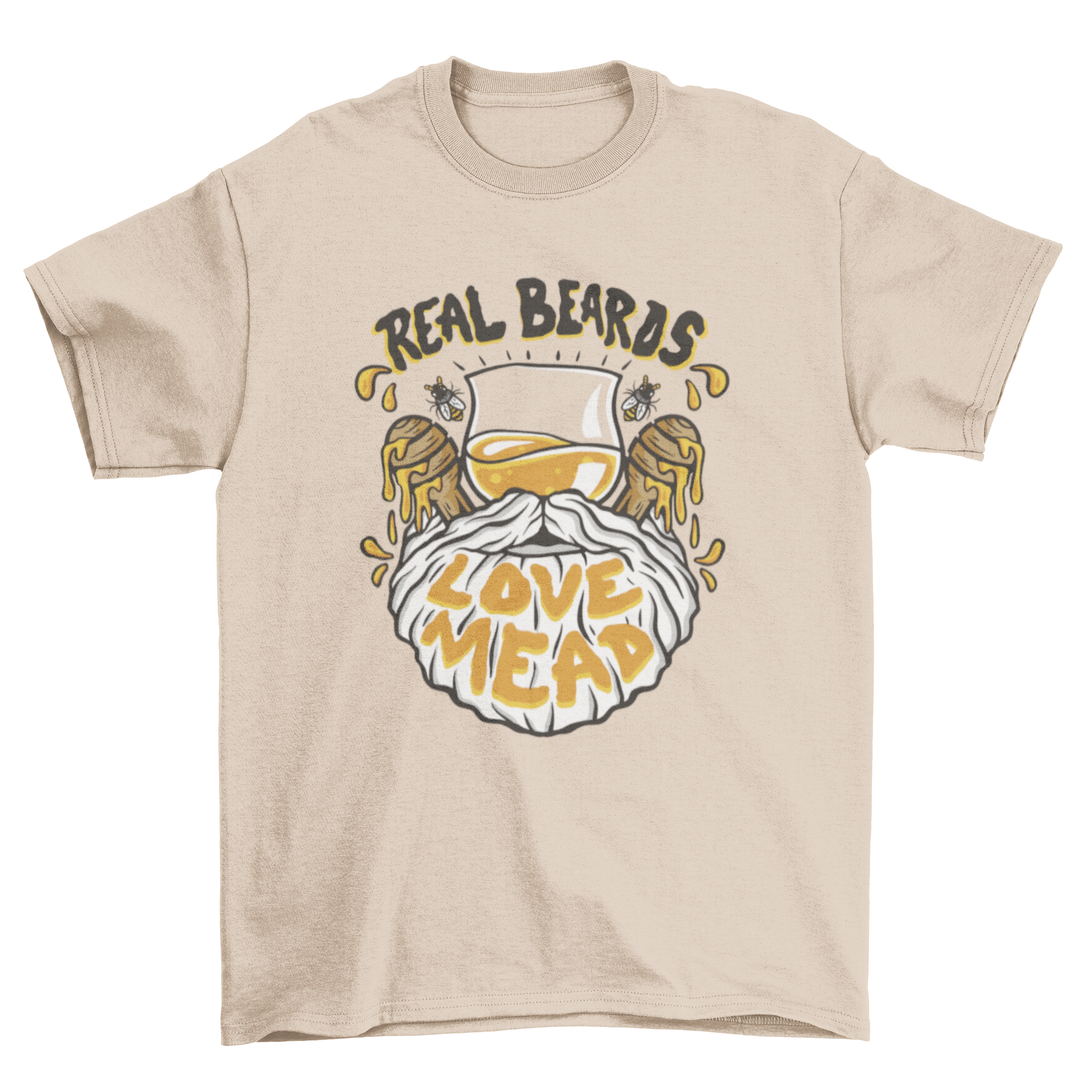 A stylish t-shirt featuring a beard and a glass of beer with the quote 'Real beards love mead'.