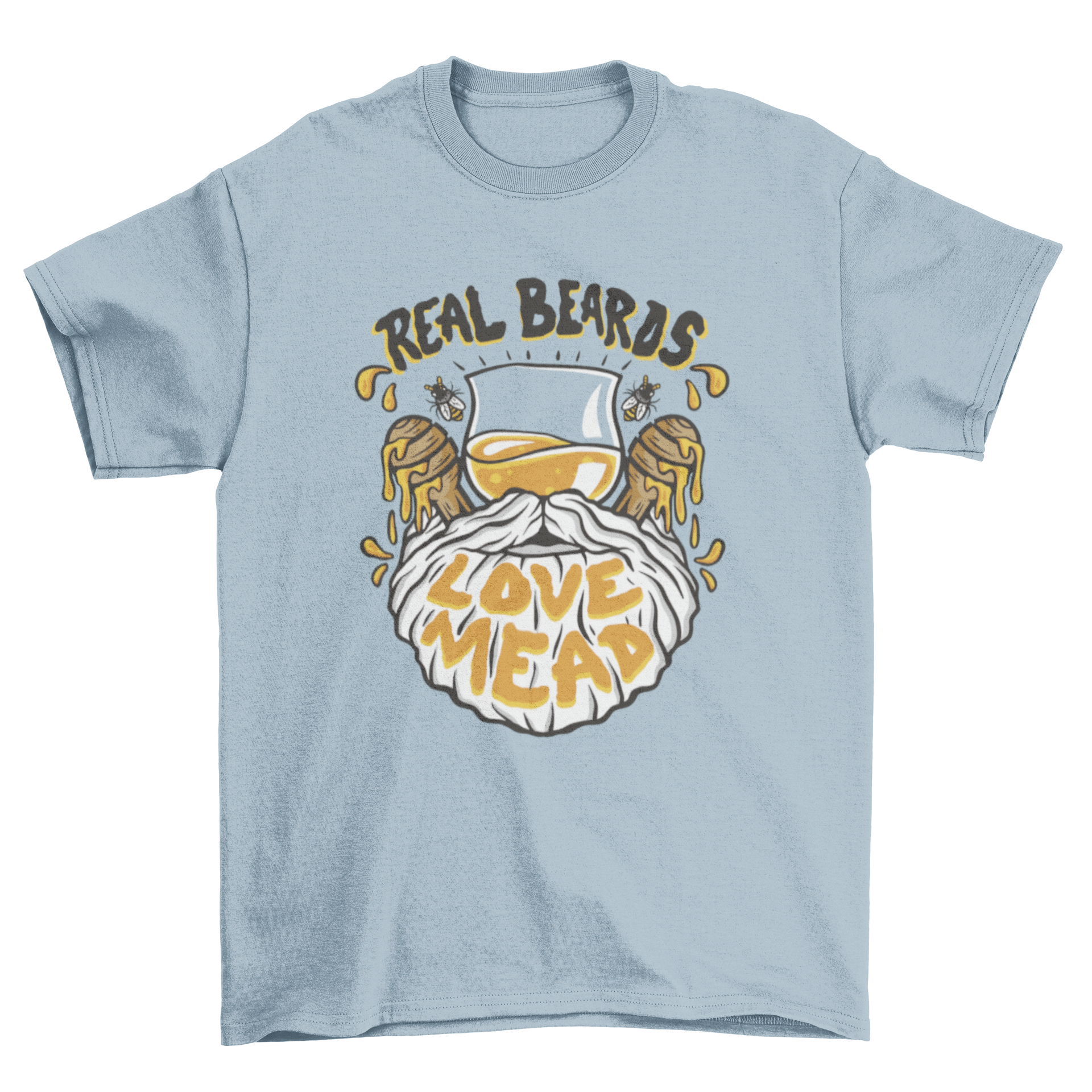 A stylish t-shirt featuring a beard and a glass of beer with the quote 'Real beards love mead'.