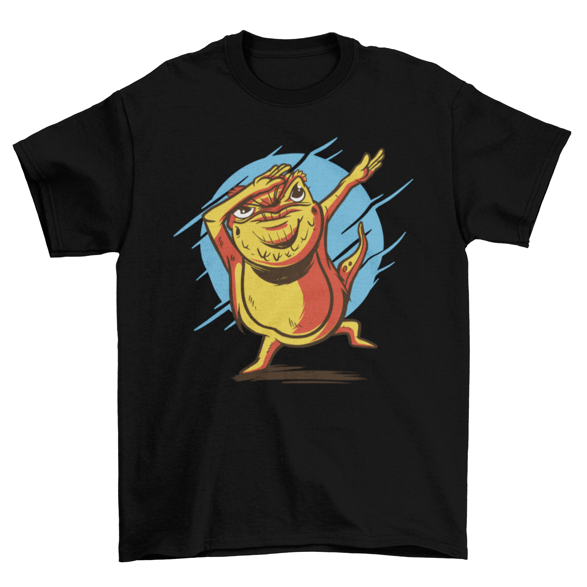 A humorous t-shirt featuring a cartoon bearded dragon dabbing, showcasing vibrant colors and a playful design.