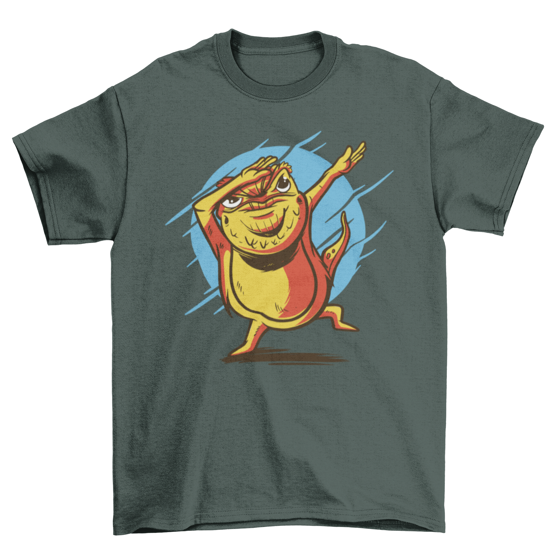 A humorous t-shirt featuring a cartoon bearded dragon dabbing, showcasing vibrant colors and a playful design.