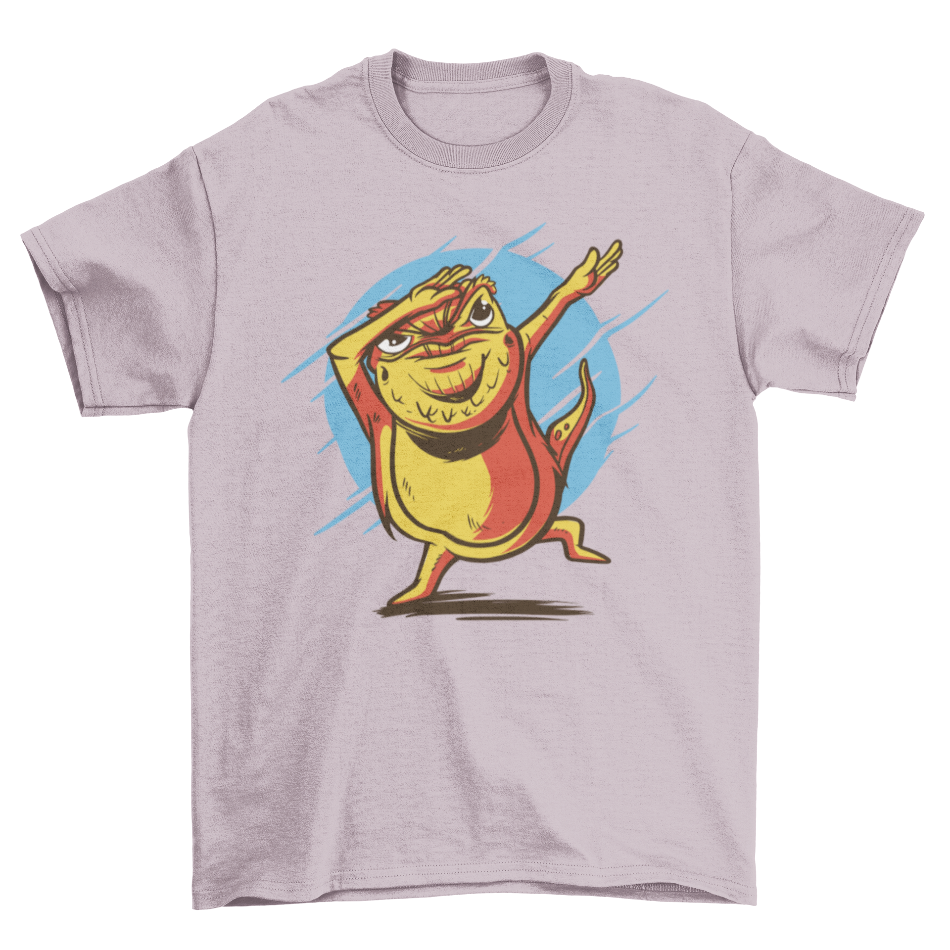 A humorous t-shirt featuring a cartoon bearded dragon dabbing, showcasing vibrant colors and a playful design.