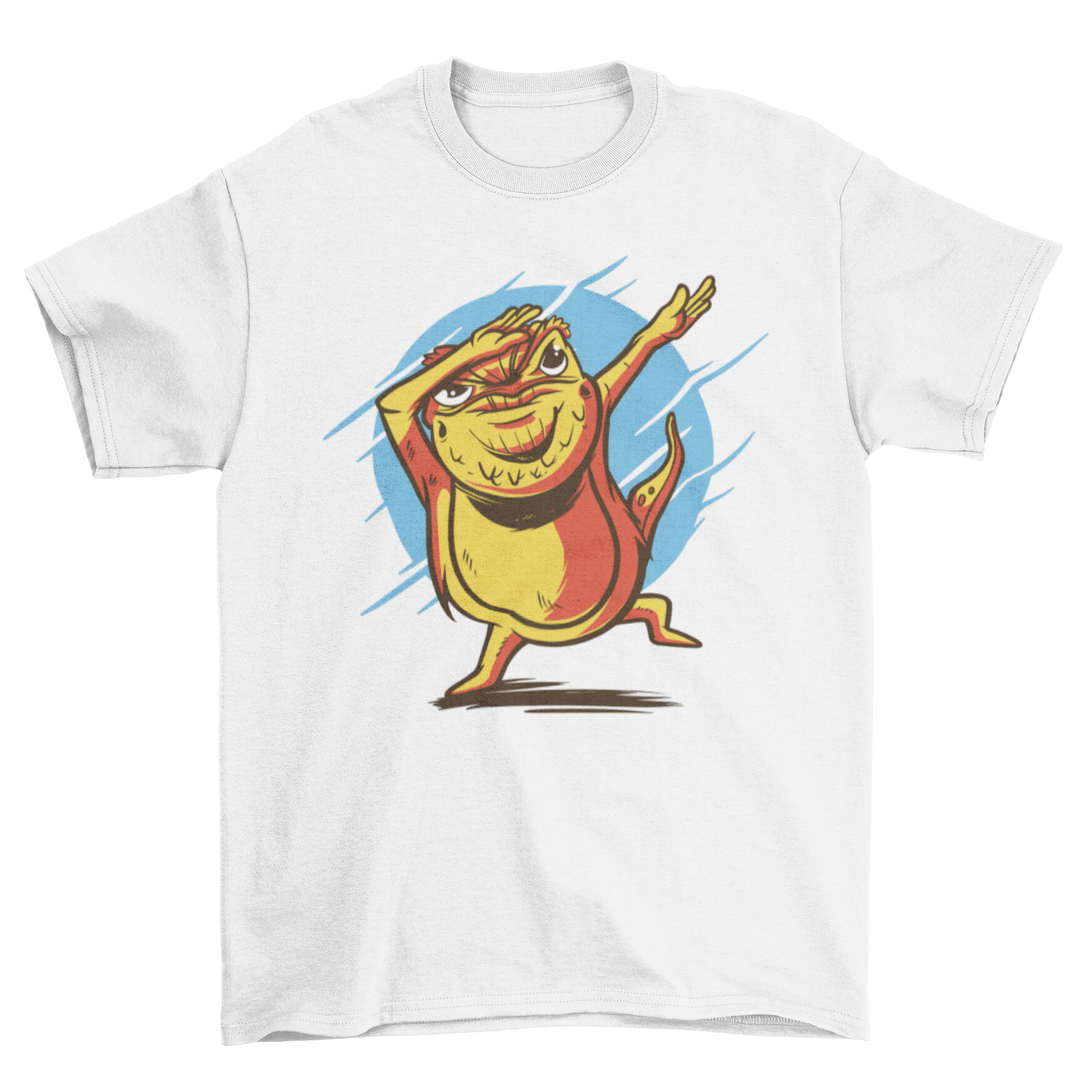 A humorous t-shirt featuring a cartoon bearded dragon dabbing, showcasing vibrant colors and a playful design.