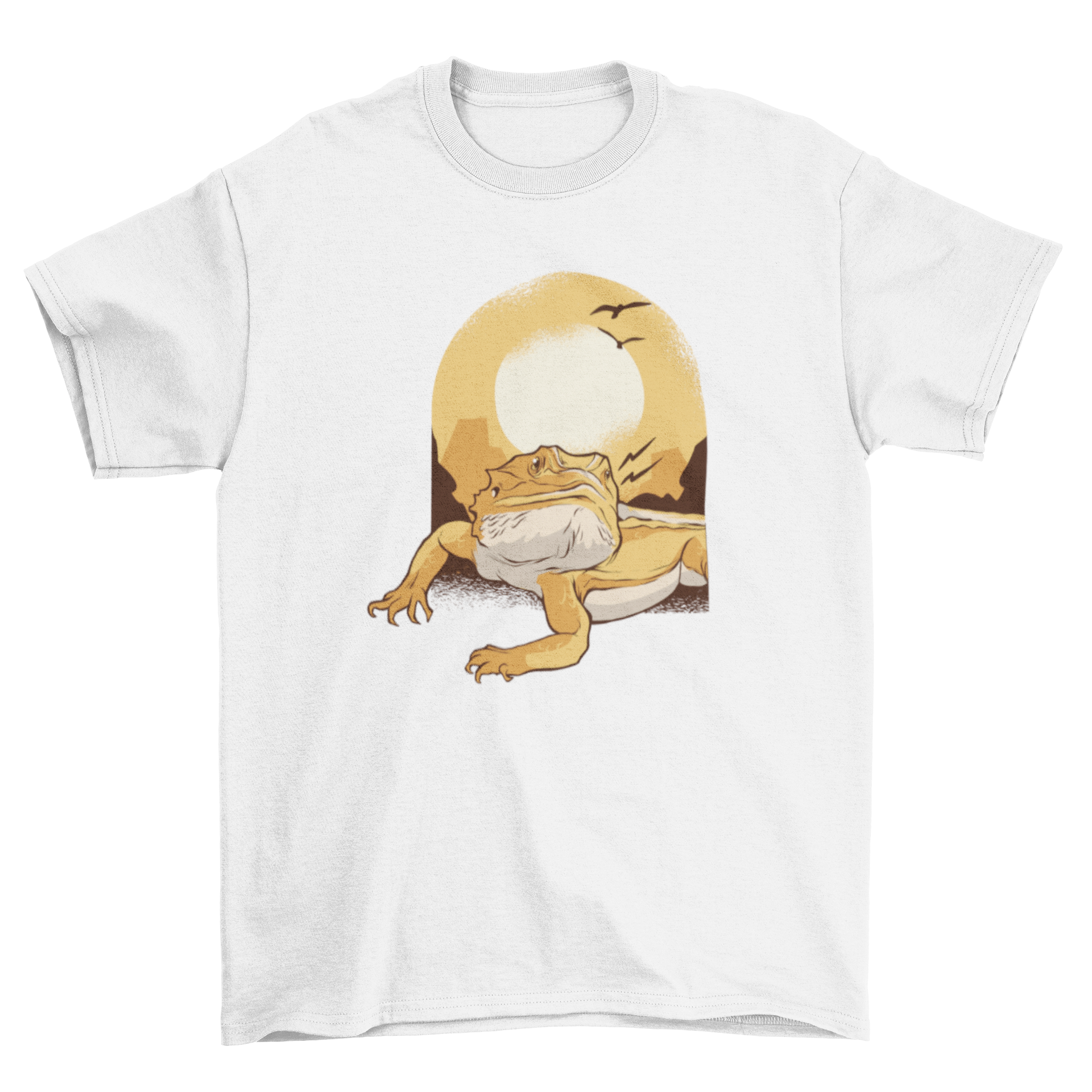 Bearded Dragon T-Shirt featuring a graphic of a desert reptile basking in a sunset.