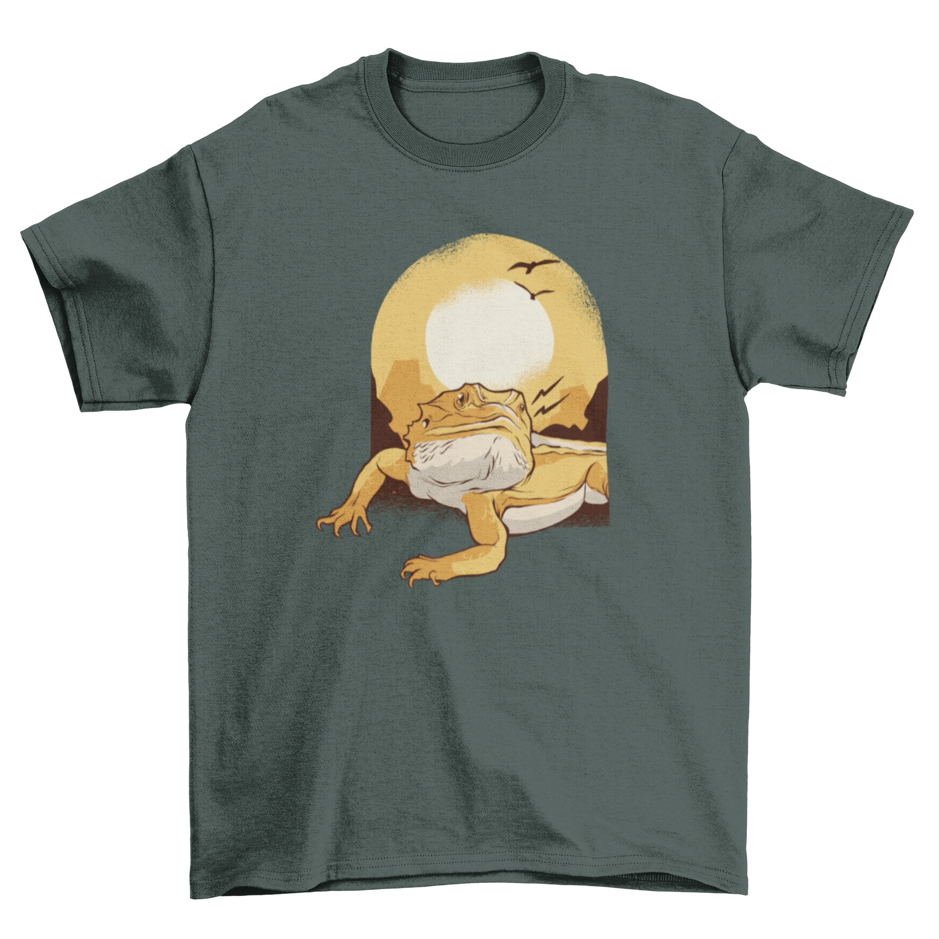 Bearded Dragon T-Shirt featuring a graphic of a desert reptile basking in a sunset.