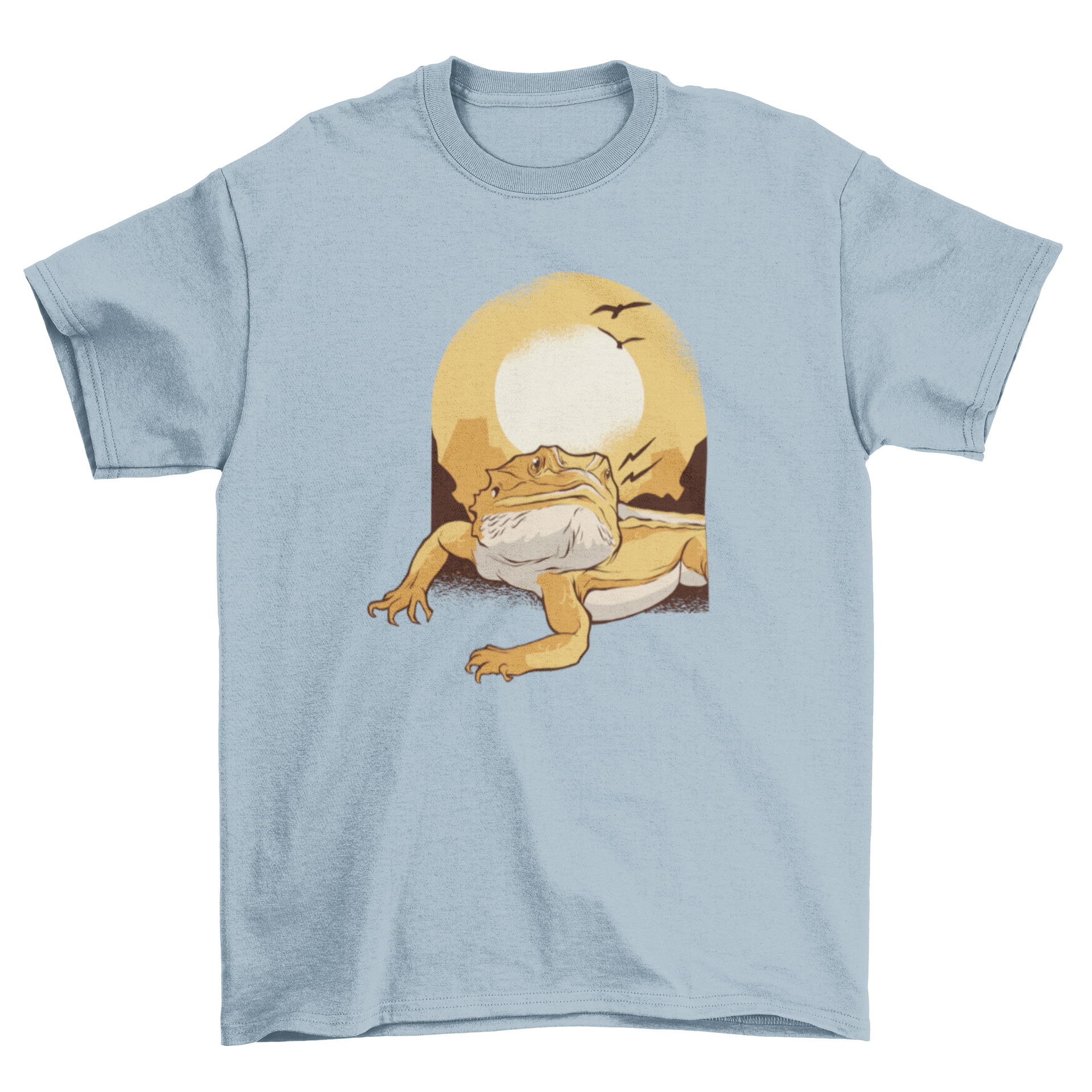 Bearded Dragon T-Shirt featuring a graphic of a desert reptile basking in a sunset.