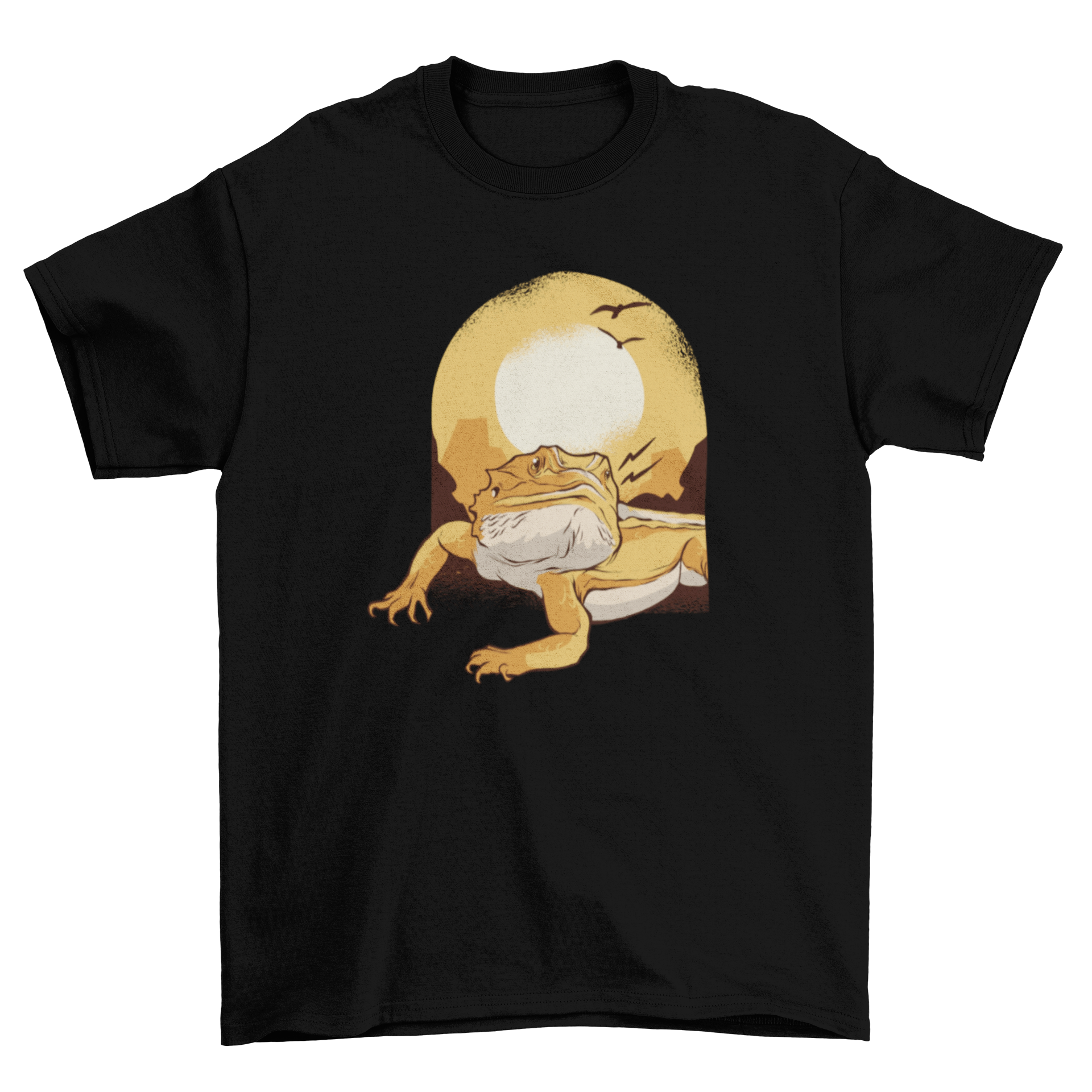 Bearded Dragon T-Shirt featuring a graphic of a desert reptile basking in a sunset.