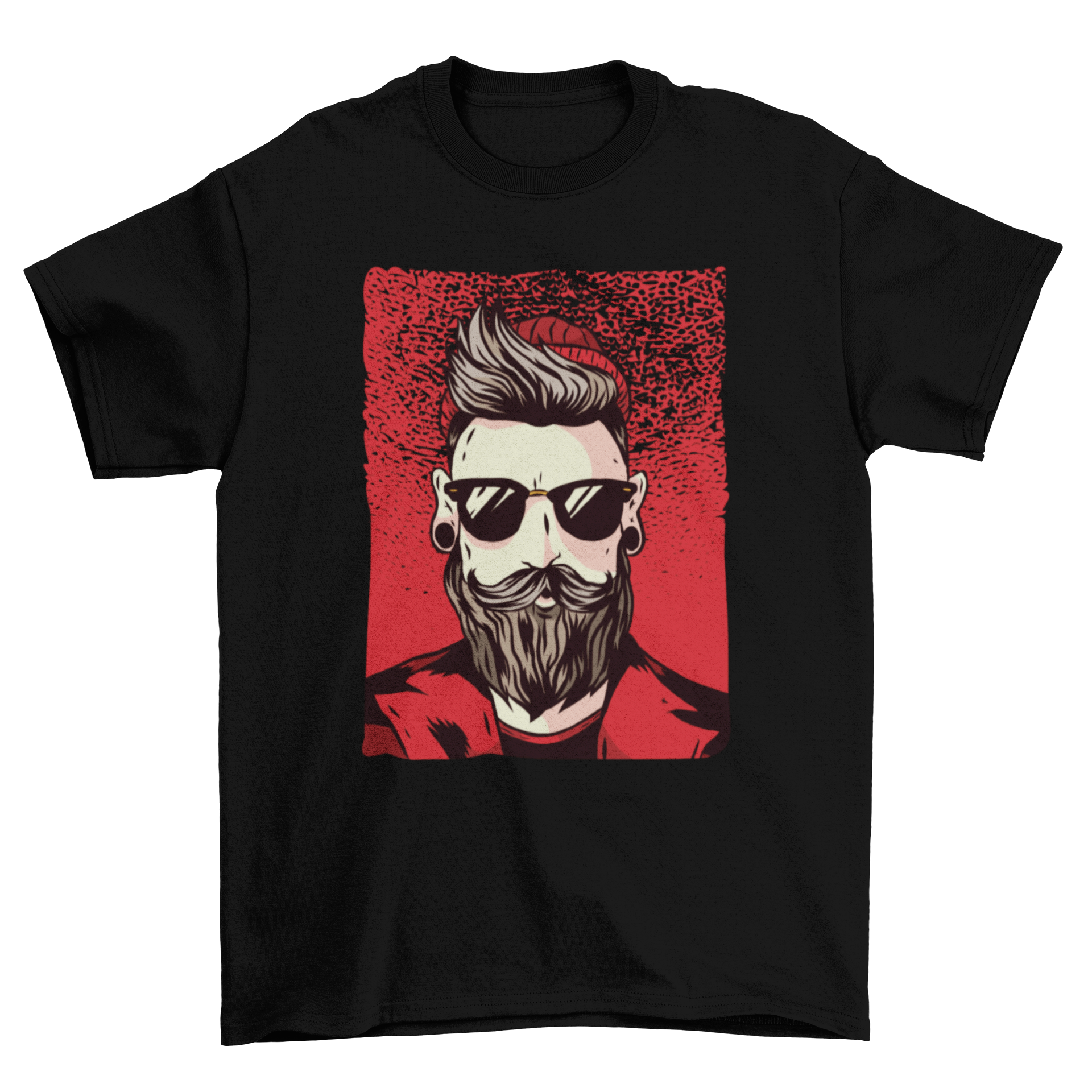 Stylish T-shirt featuring a bearded hipster man with sunglasses, red beanie, and jacket against a black background.