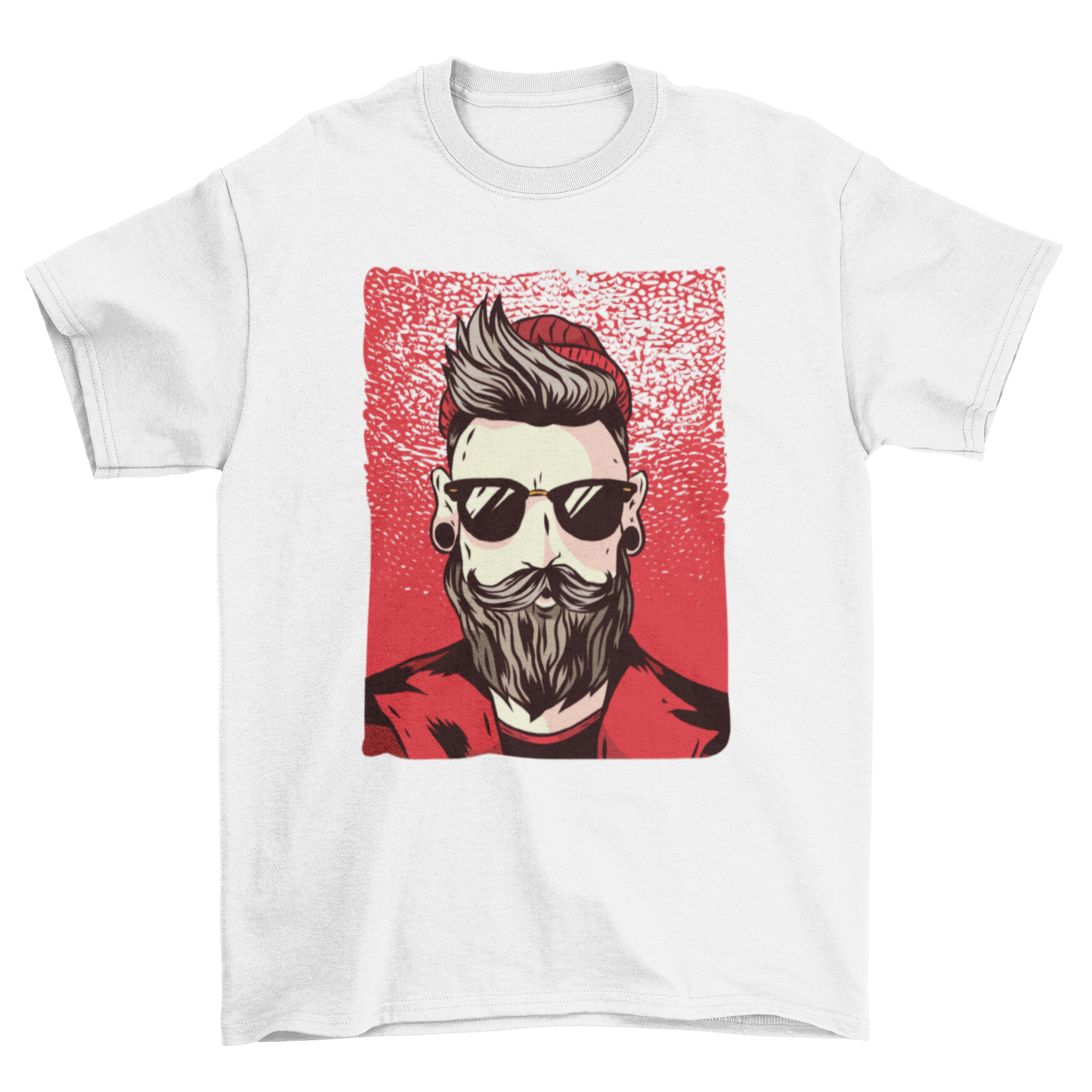 Stylish T-shirt featuring a bearded hipster man with sunglasses, red beanie, and jacket against a black background.