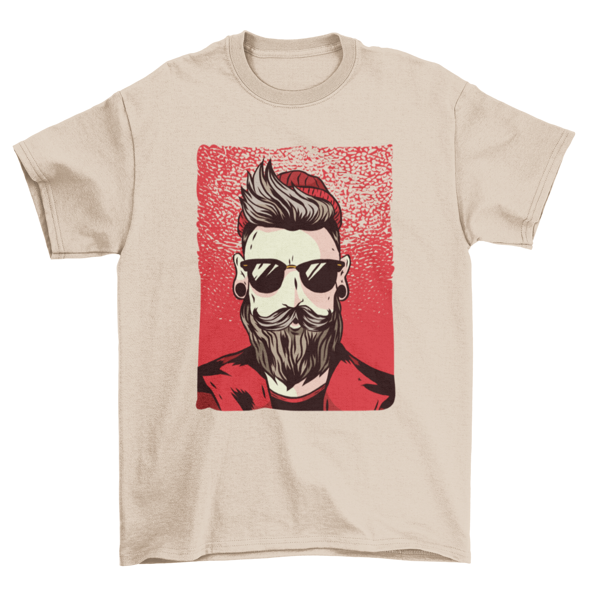 Stylish T-shirt featuring a bearded hipster man with sunglasses, red beanie, and jacket against a black background.