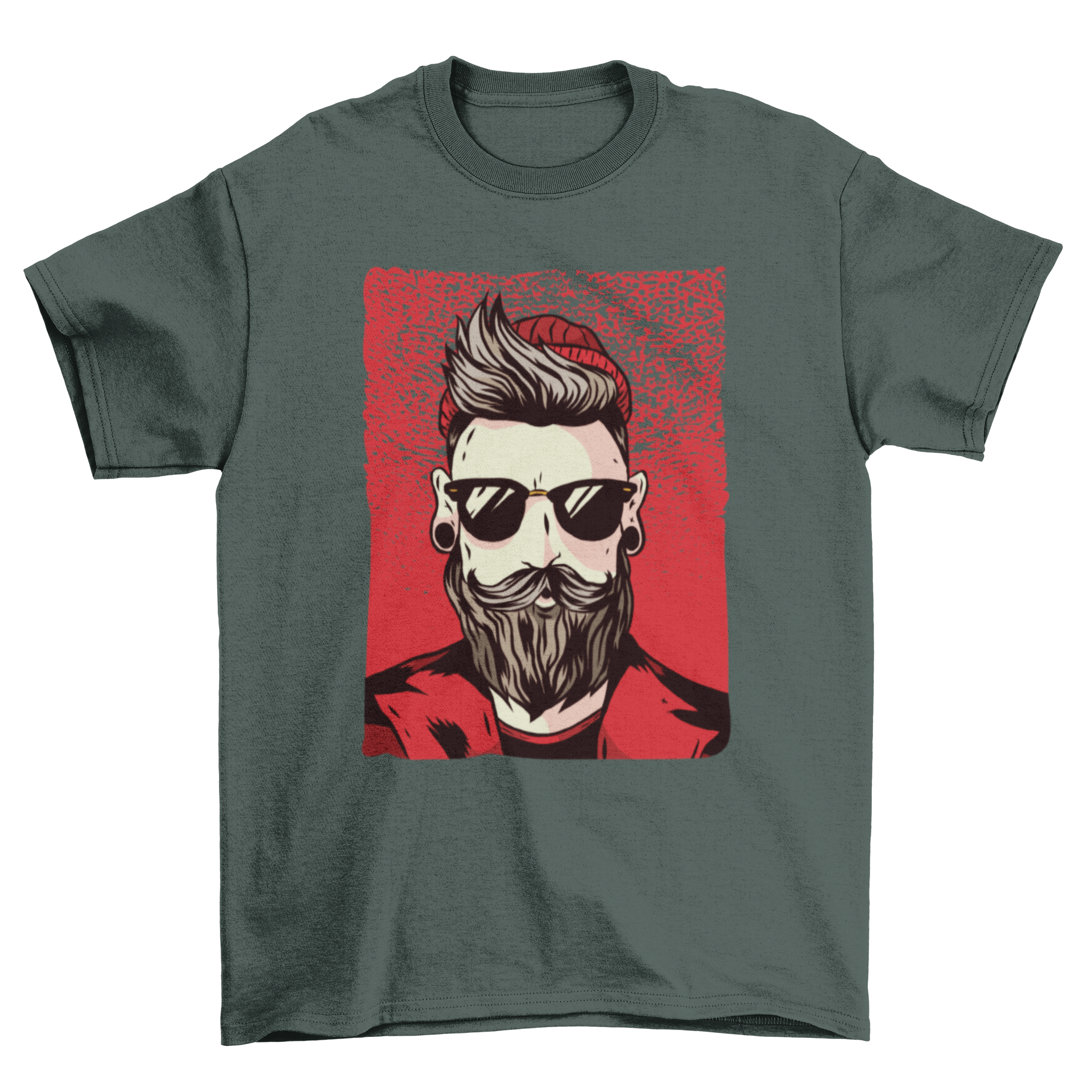 Stylish T-shirt featuring a bearded hipster man with sunglasses, red beanie, and jacket against a black background.