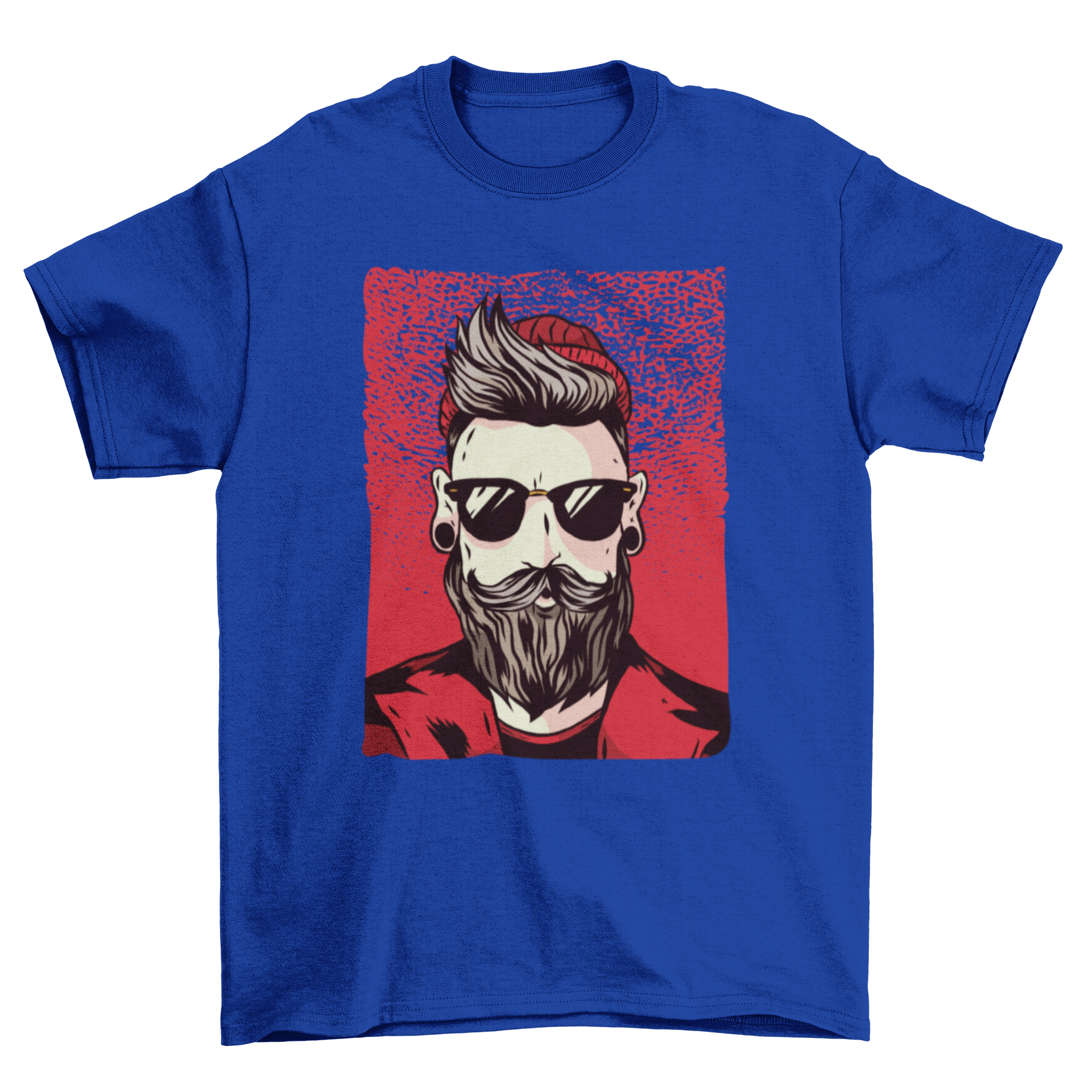 Stylish T-shirt featuring a bearded hipster man with sunglasses, red beanie, and jacket against a black background.