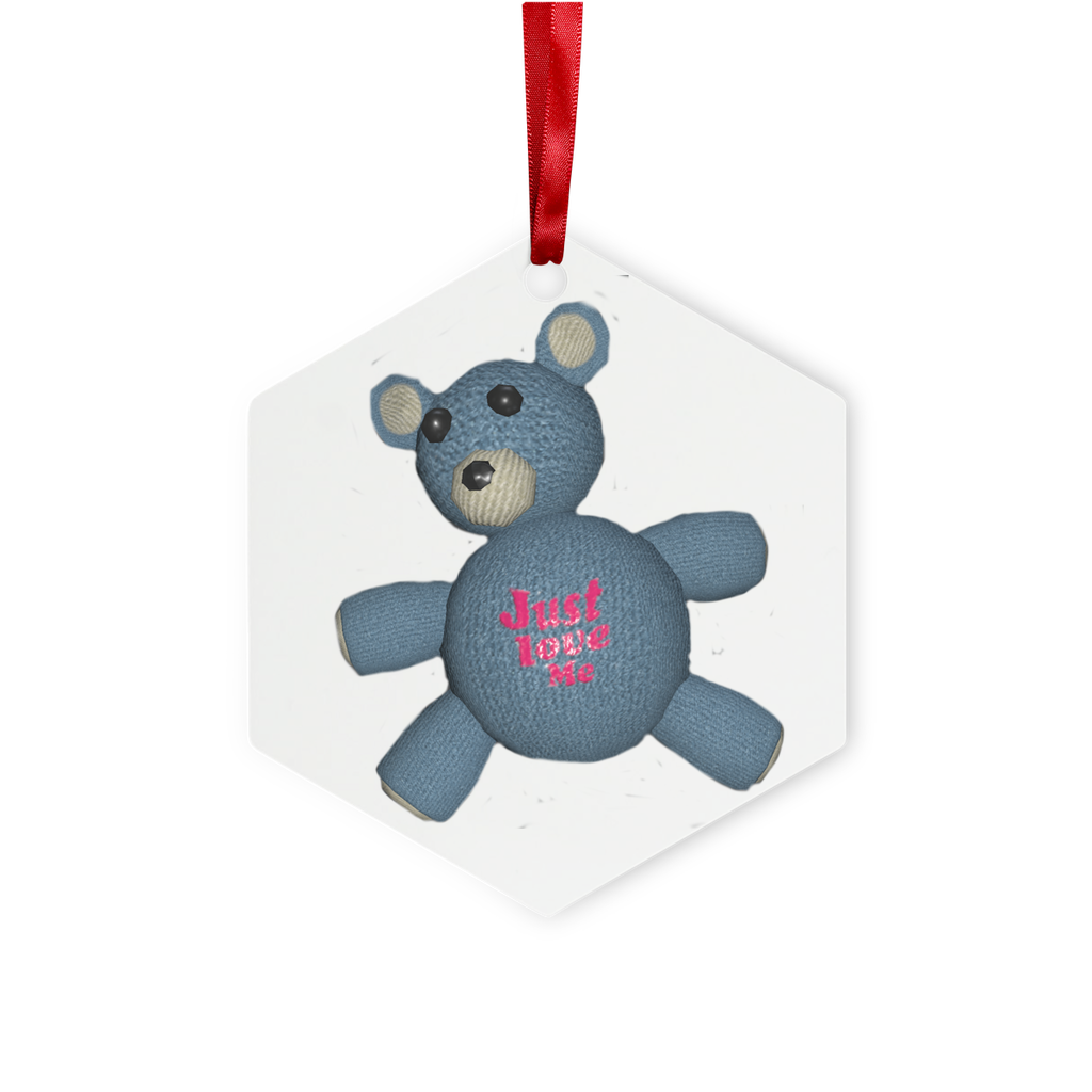 Bear_Object Metal Hanging Ornament in hexagon and star shapes, featuring a gloss white finish and red ribbon for hanging.