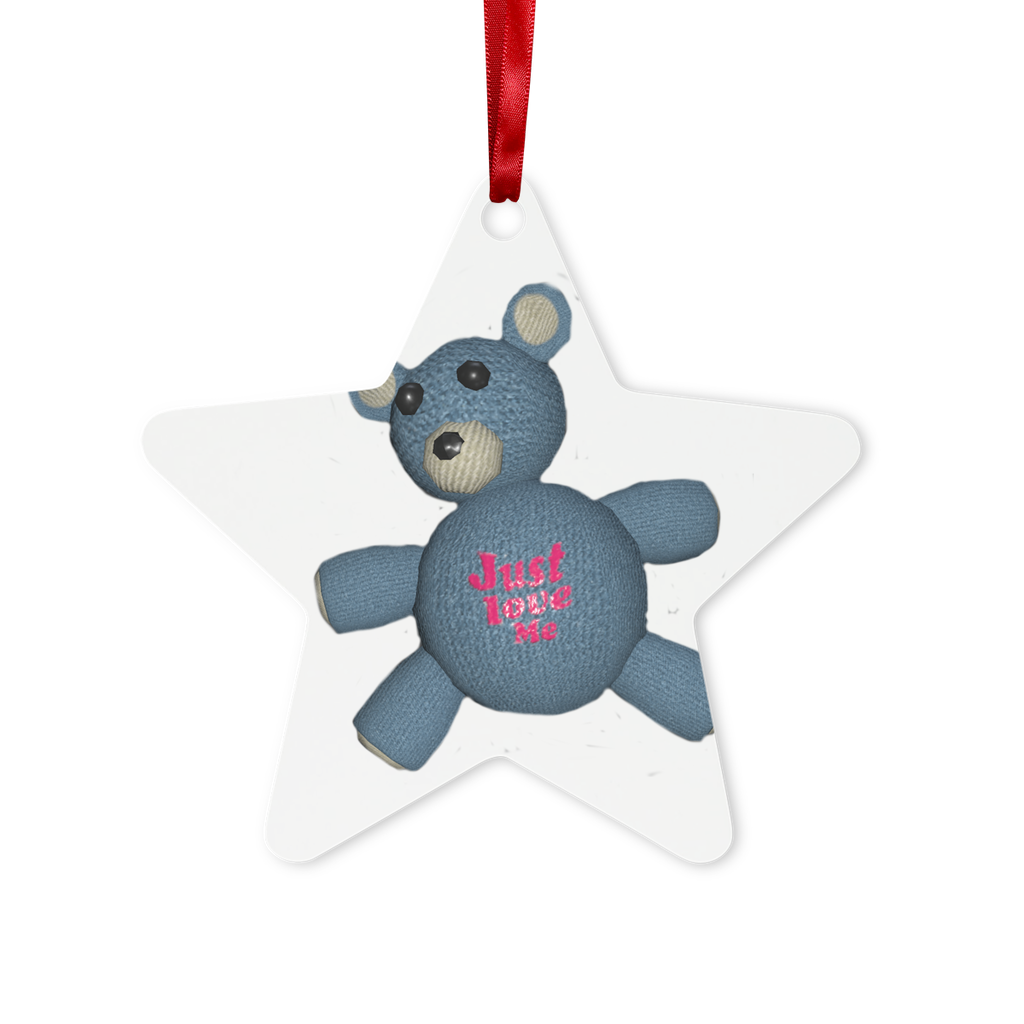 Bear_Object Metal Hanging Ornament in hexagon and star shapes, featuring a gloss white finish and red ribbon for hanging.