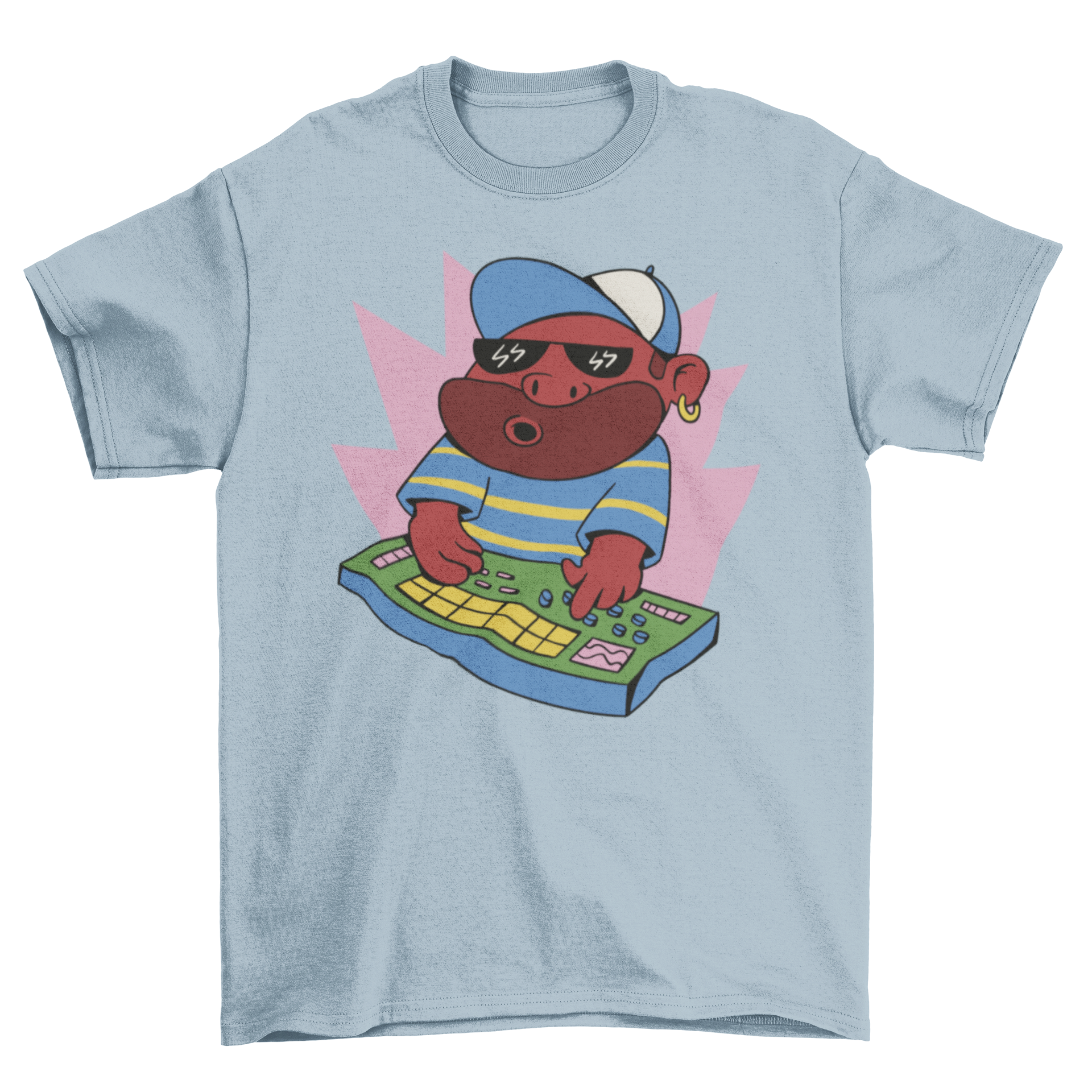 Beatmaker man t-shirt featuring a graphic of a beatmaker with a drum machine, stylish and comfortable for music lovers.