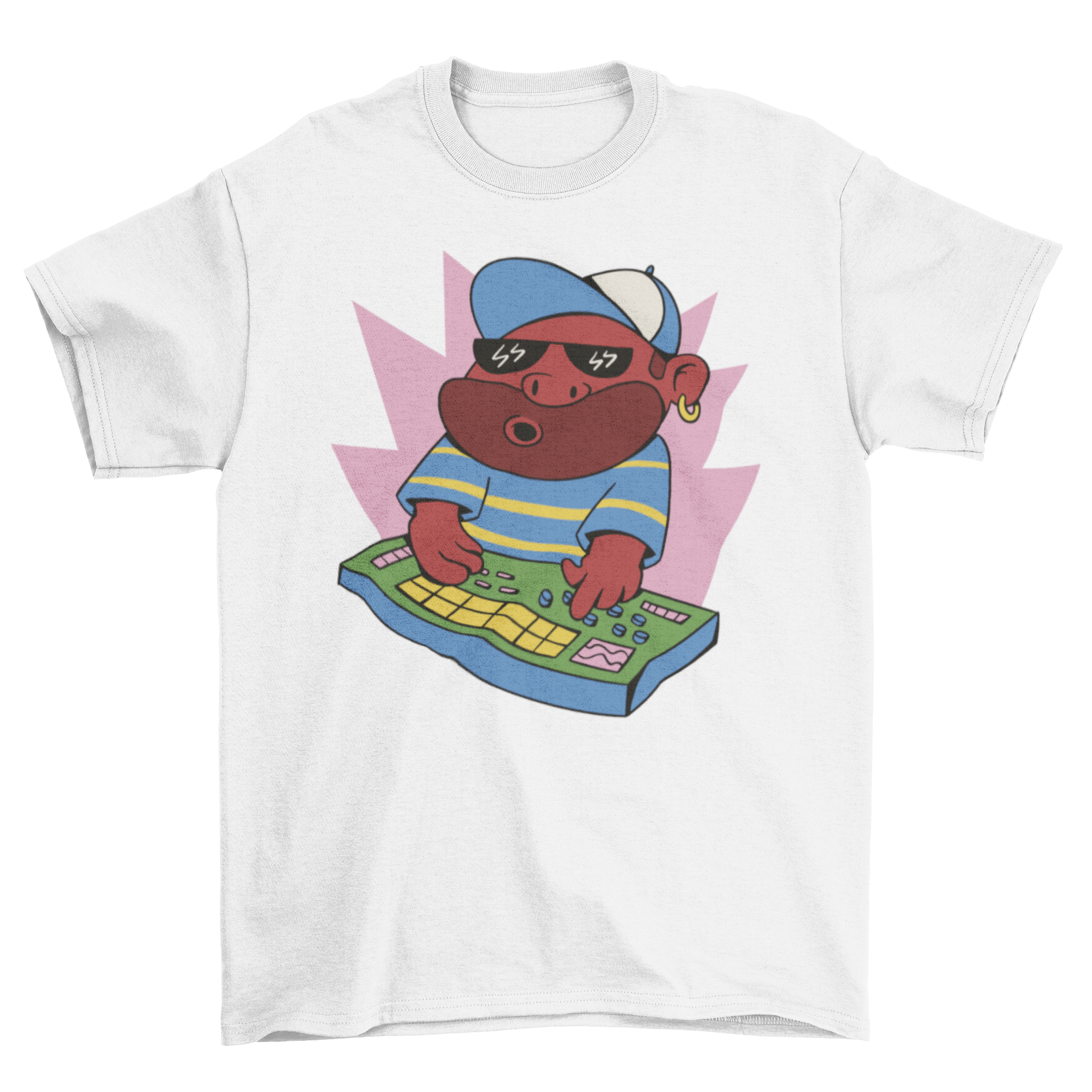 Beatmaker man t-shirt featuring a graphic of a beatmaker with a drum machine, stylish and comfortable for music lovers.