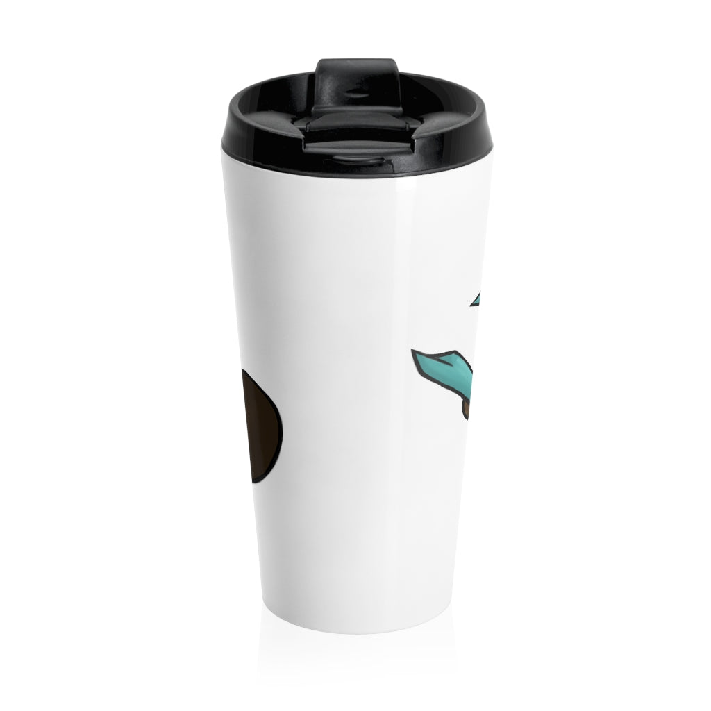 Beatrice Stainless Steel Travel Mug with black lid, showcasing its sleek design and 15oz capacity.