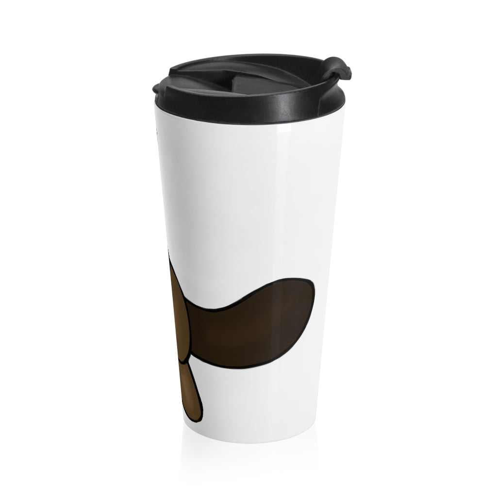 Beatrice Stainless Steel Travel Mug with black lid, showcasing its sleek design and 15oz capacity.