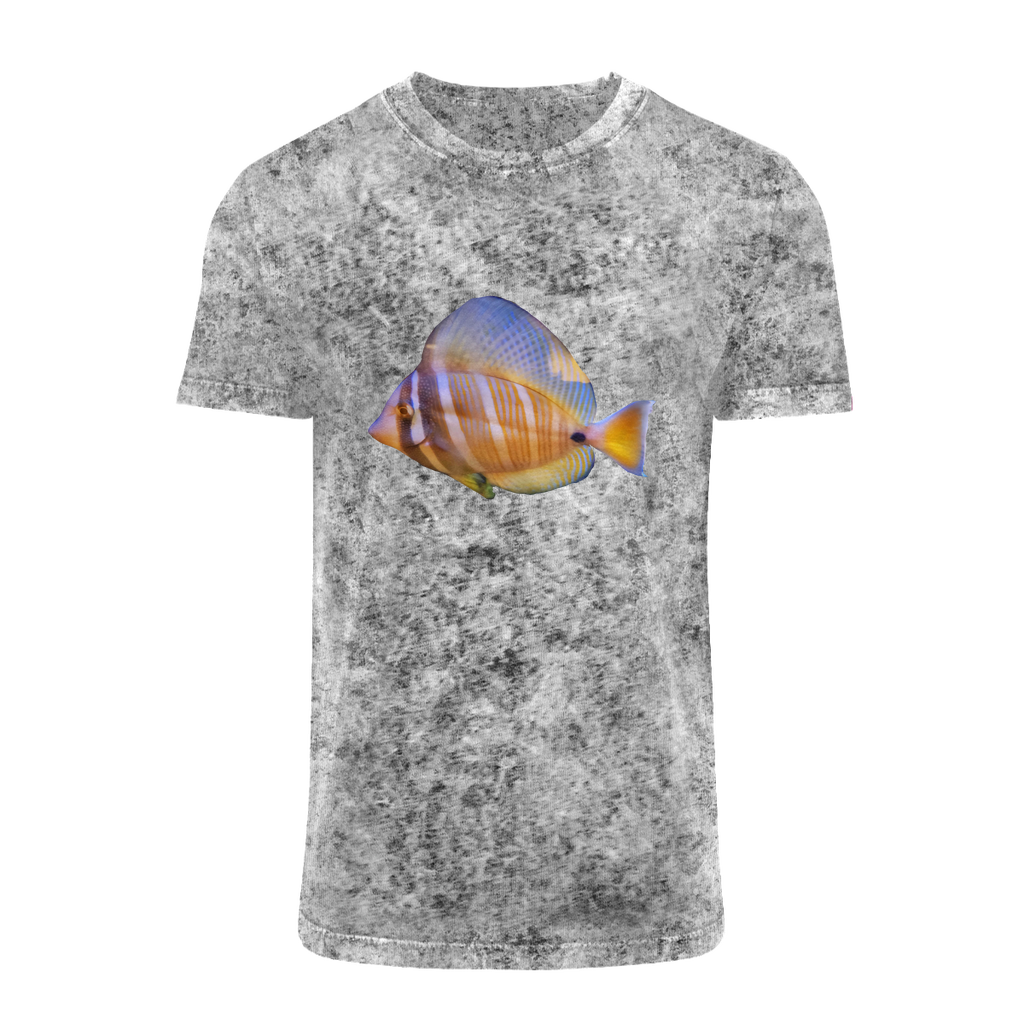 Beautiful Colored Fish Acid Washed T-Shirt featuring a unique batik look, round neck, and comfortable fit, perfect for casual wear.