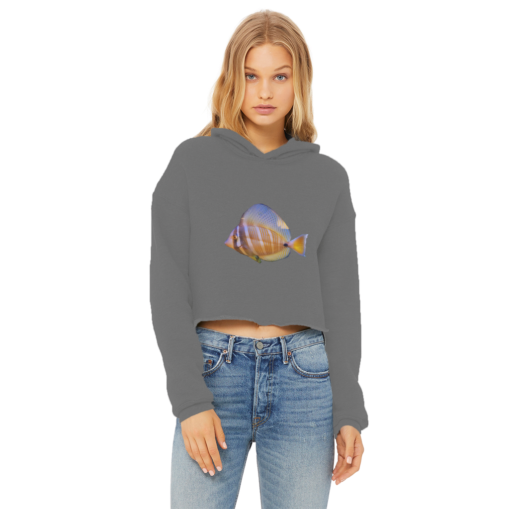 Beautiful Colored Fish Ladies Cropped Raw Edge Hoodie in vibrant colors with a stylish cropped design and raw edge hem.