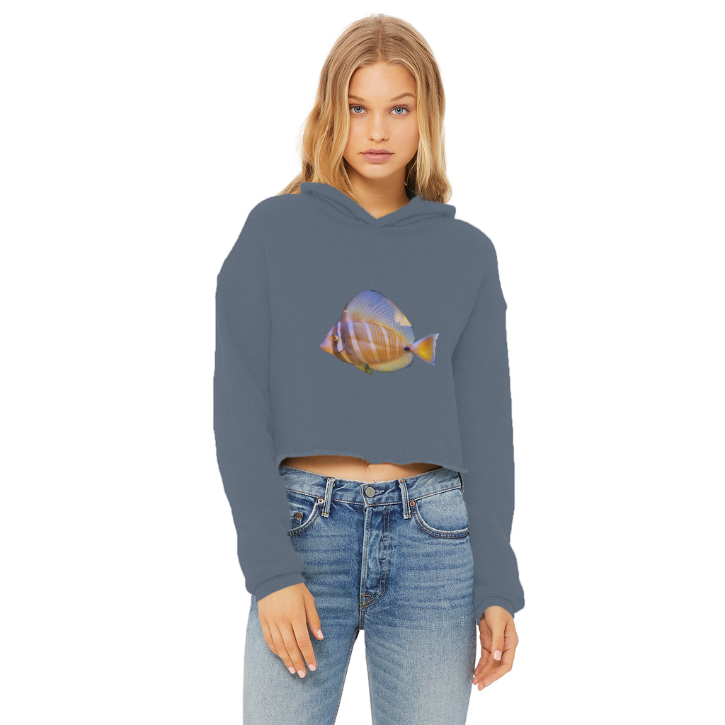 Beautiful Colored Fish Ladies Cropped Raw Edge Hoodie in vibrant colors with a stylish cropped design and raw edge hem.