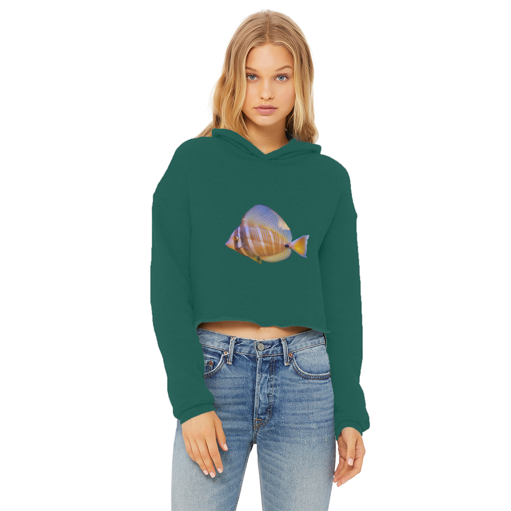 Beautiful Colored Fish Ladies Cropped Raw Edge Hoodie in vibrant colors with a stylish cropped design and raw edge hem.