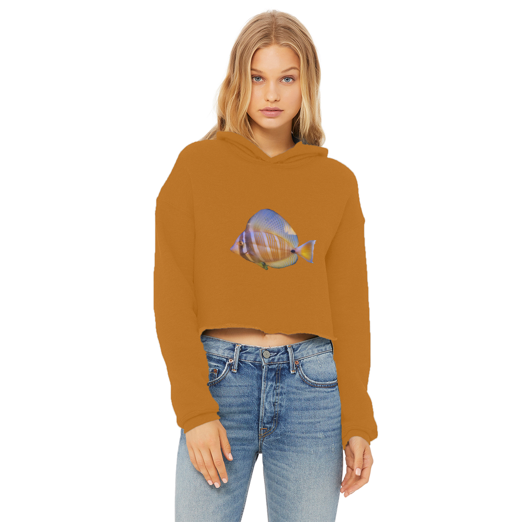 Beautiful Colored Fish Ladies Cropped Raw Edge Hoodie in vibrant colors with a stylish cropped design and raw edge hem.