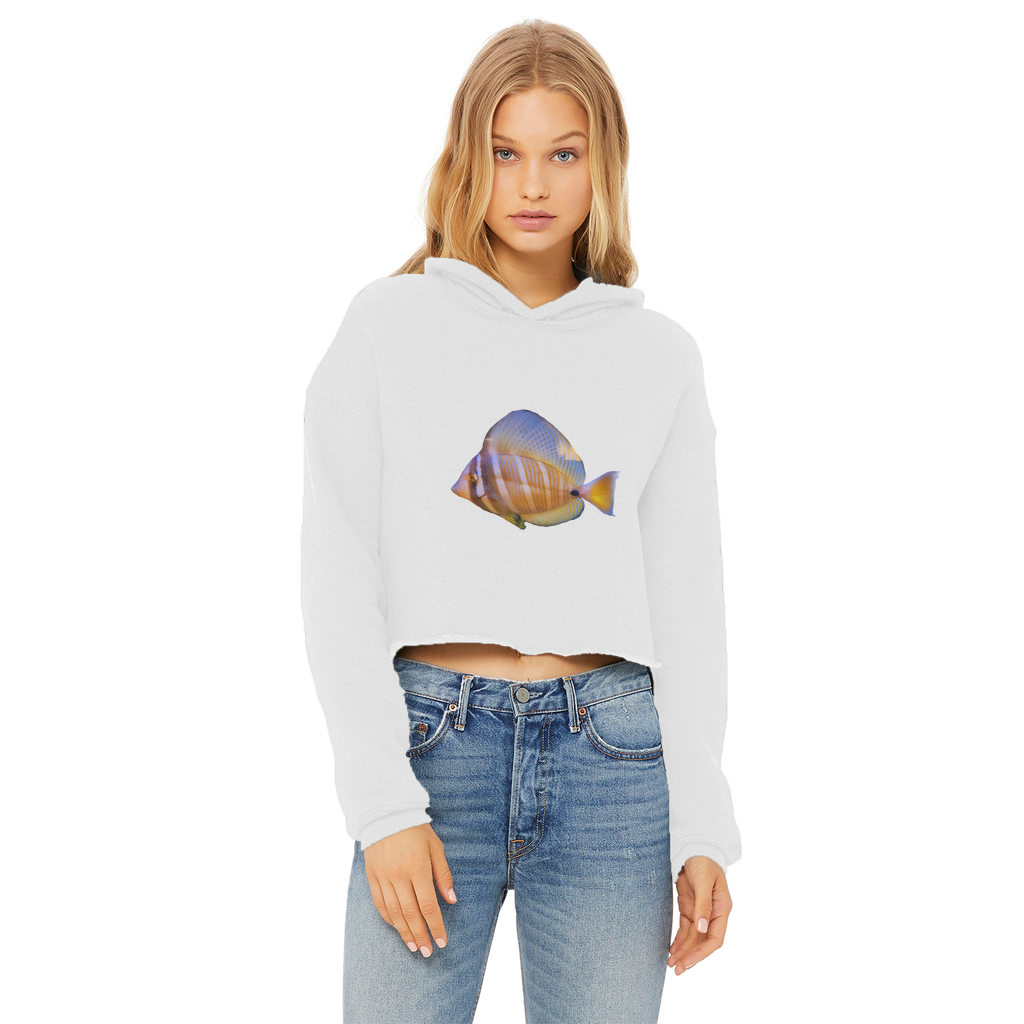 Beautiful Colored Fish Ladies Cropped Raw Edge Hoodie in vibrant colors with a stylish cropped design and raw edge hem.