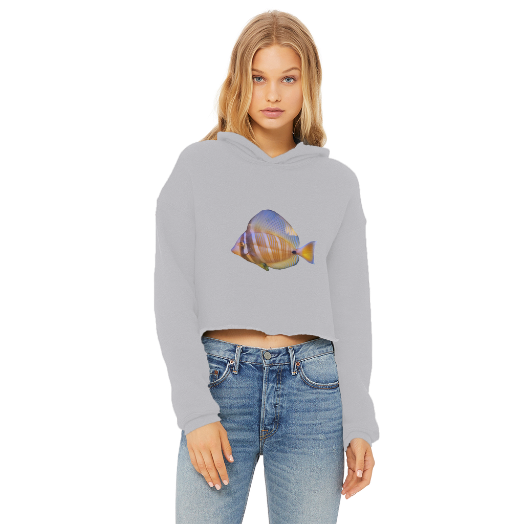 Beautiful Colored Fish Ladies Cropped Raw Edge Hoodie in vibrant colors with a stylish cropped design and raw edge hem.