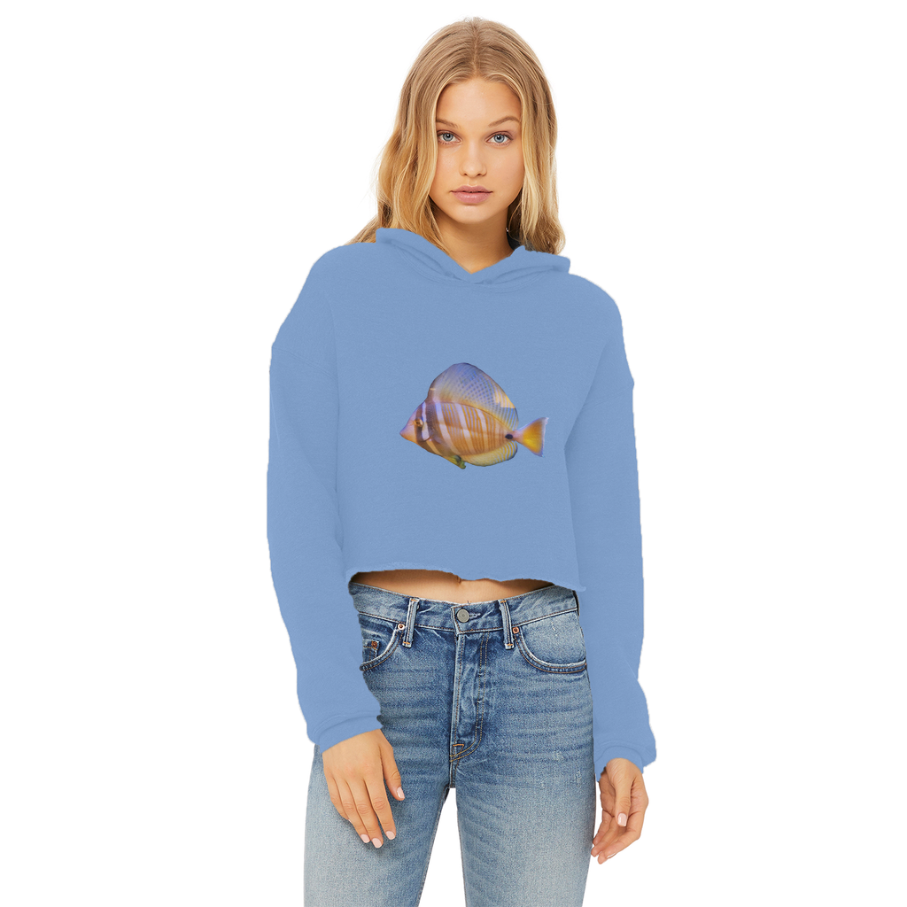 Beautiful Colored Fish Ladies Cropped Raw Edge Hoodie in vibrant colors with a stylish cropped design and raw edge hem.