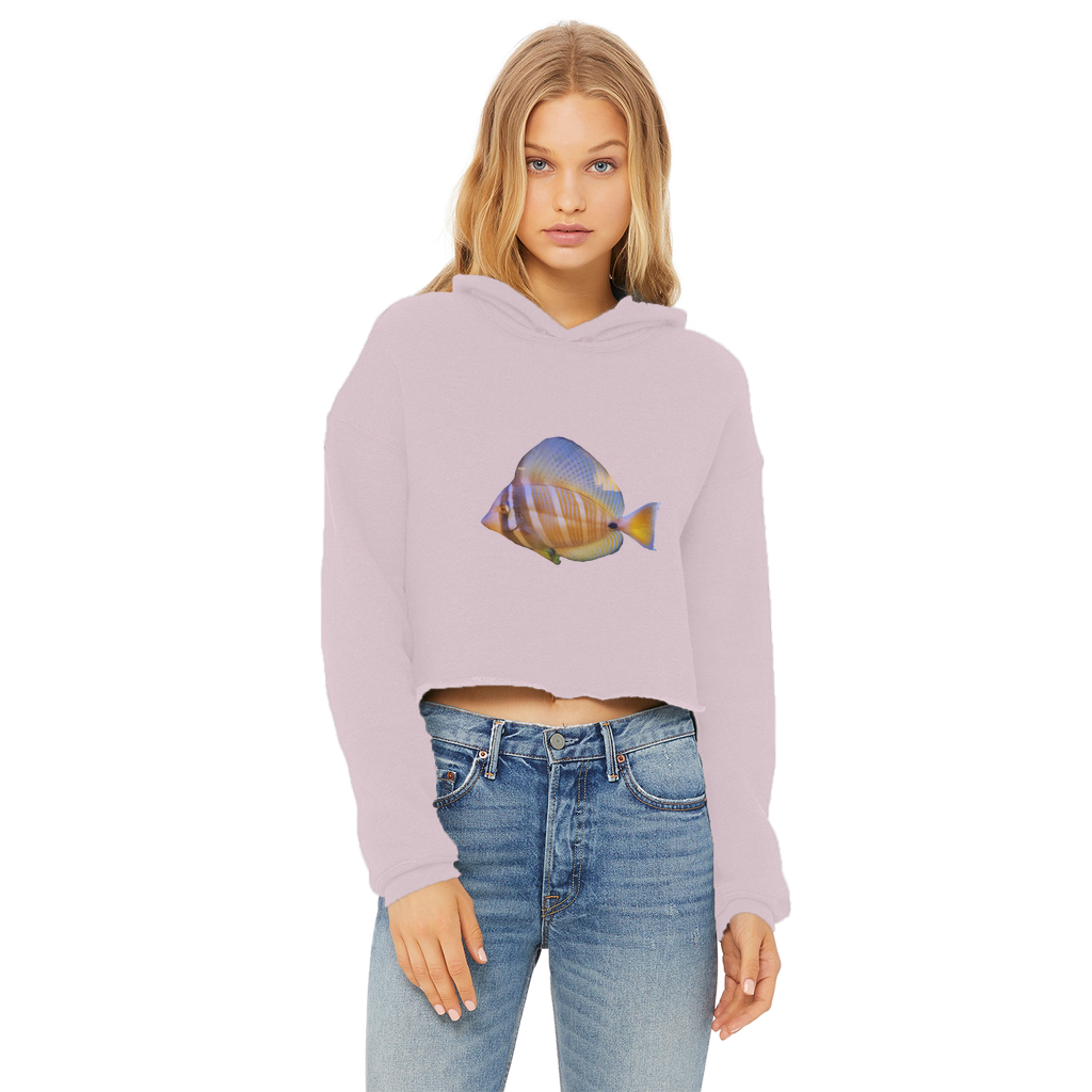 Beautiful Colored Fish Ladies Cropped Raw Edge Hoodie in vibrant colors with a stylish cropped design and raw edge hem.