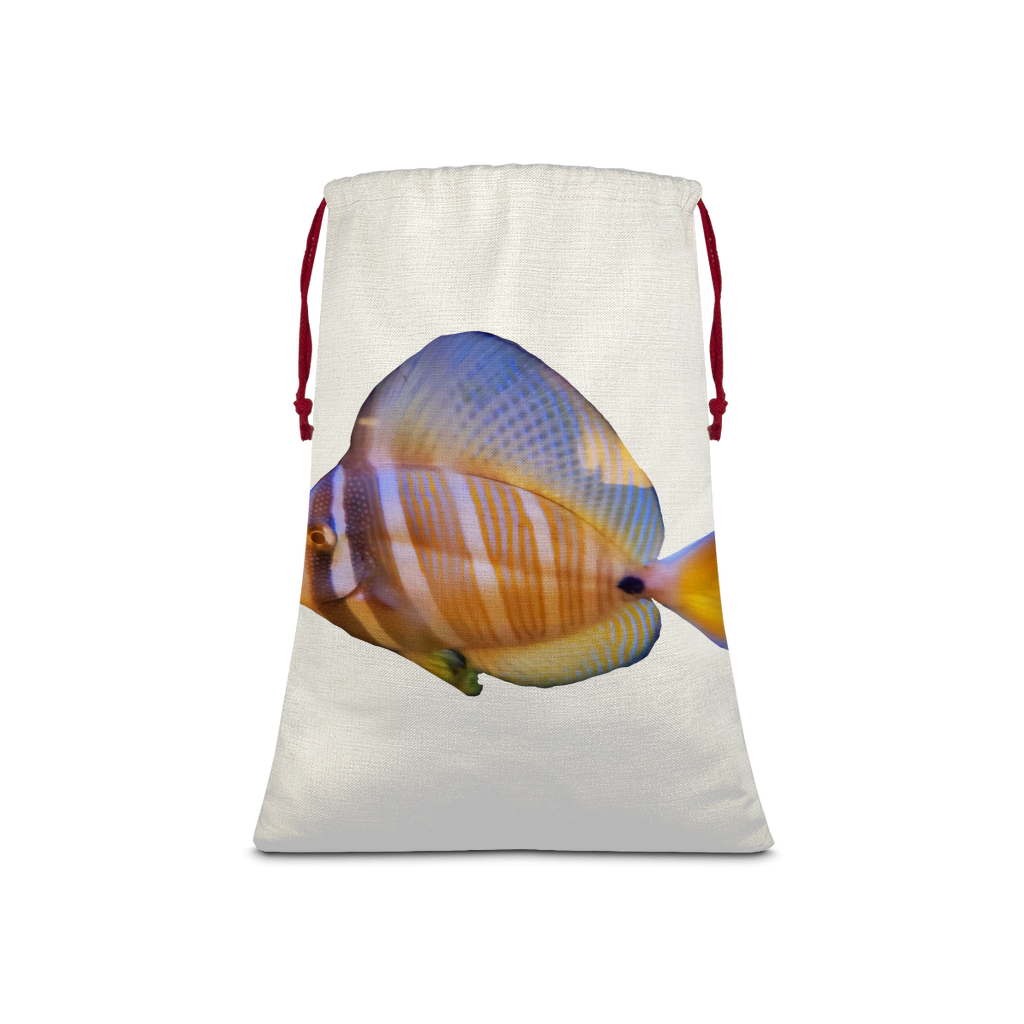 Beautiful Colored Fish Sublimation Linen Drawstring Sack with red drawstring, showcasing vibrant colors and eco-friendly print.