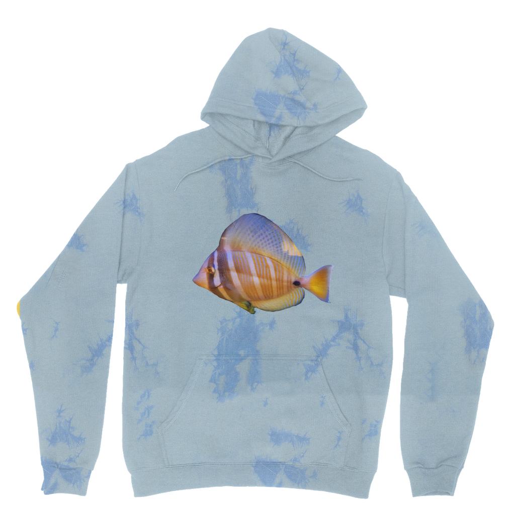 A vibrant tie dye hoodie featuring a unique colored fish design, showcasing a double fabric hood and kangaroo pouch pocket.